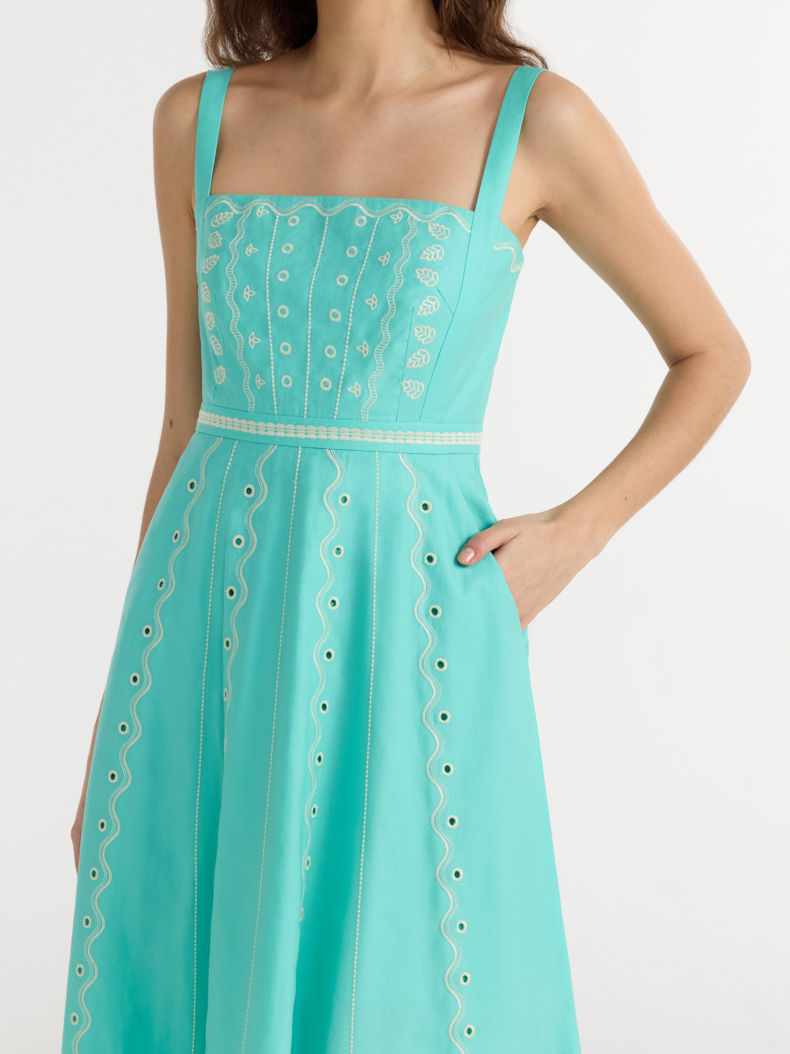 Aurora B Dress in Fresh Mint Trellis Embroidery