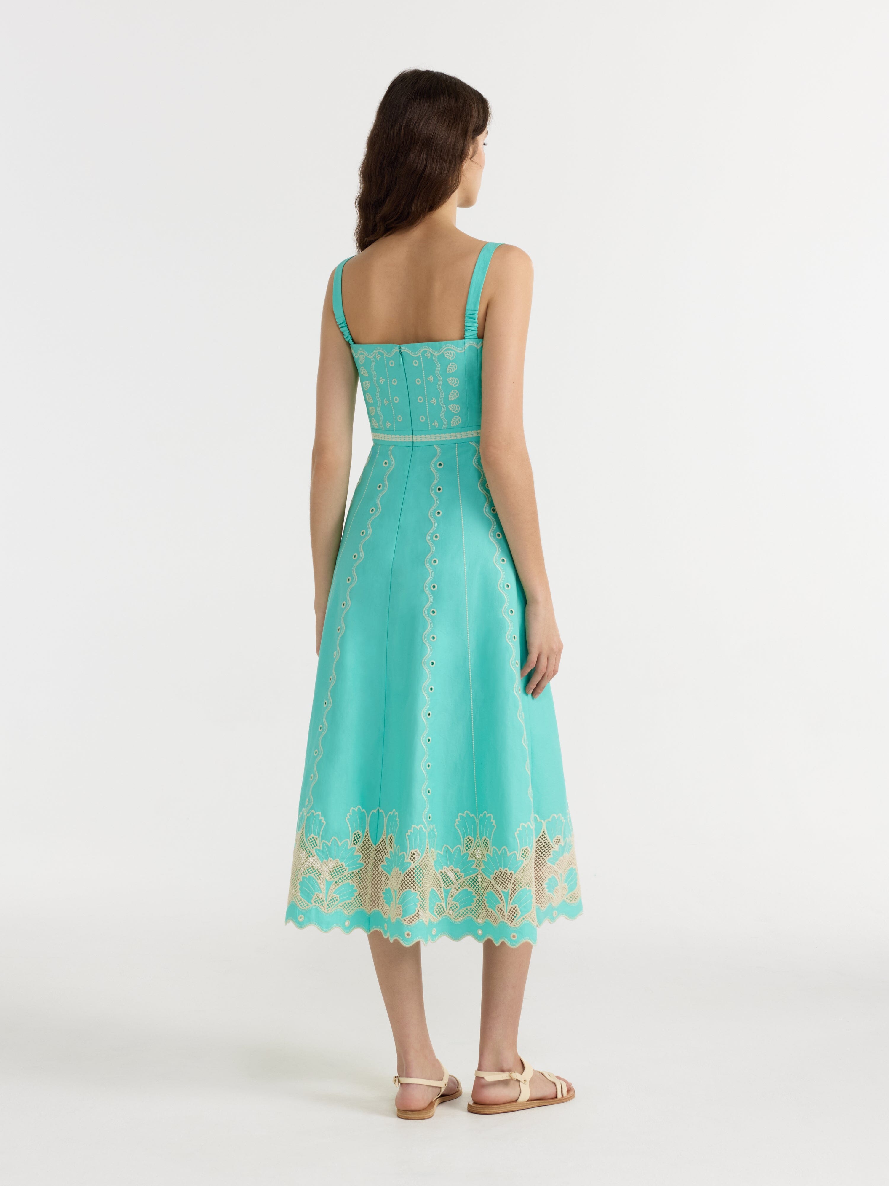 Aurora B Dress in Fresh Mint Trellis Embroidery