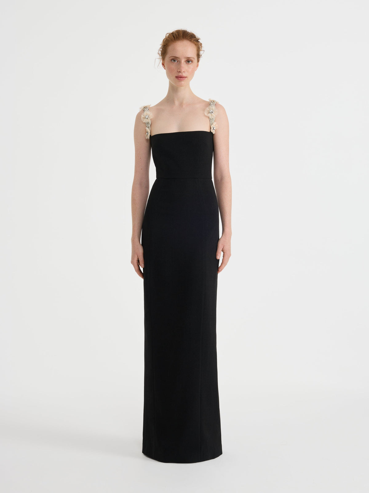Black square neck crepe maxi dress with embroidered straps, on model front view