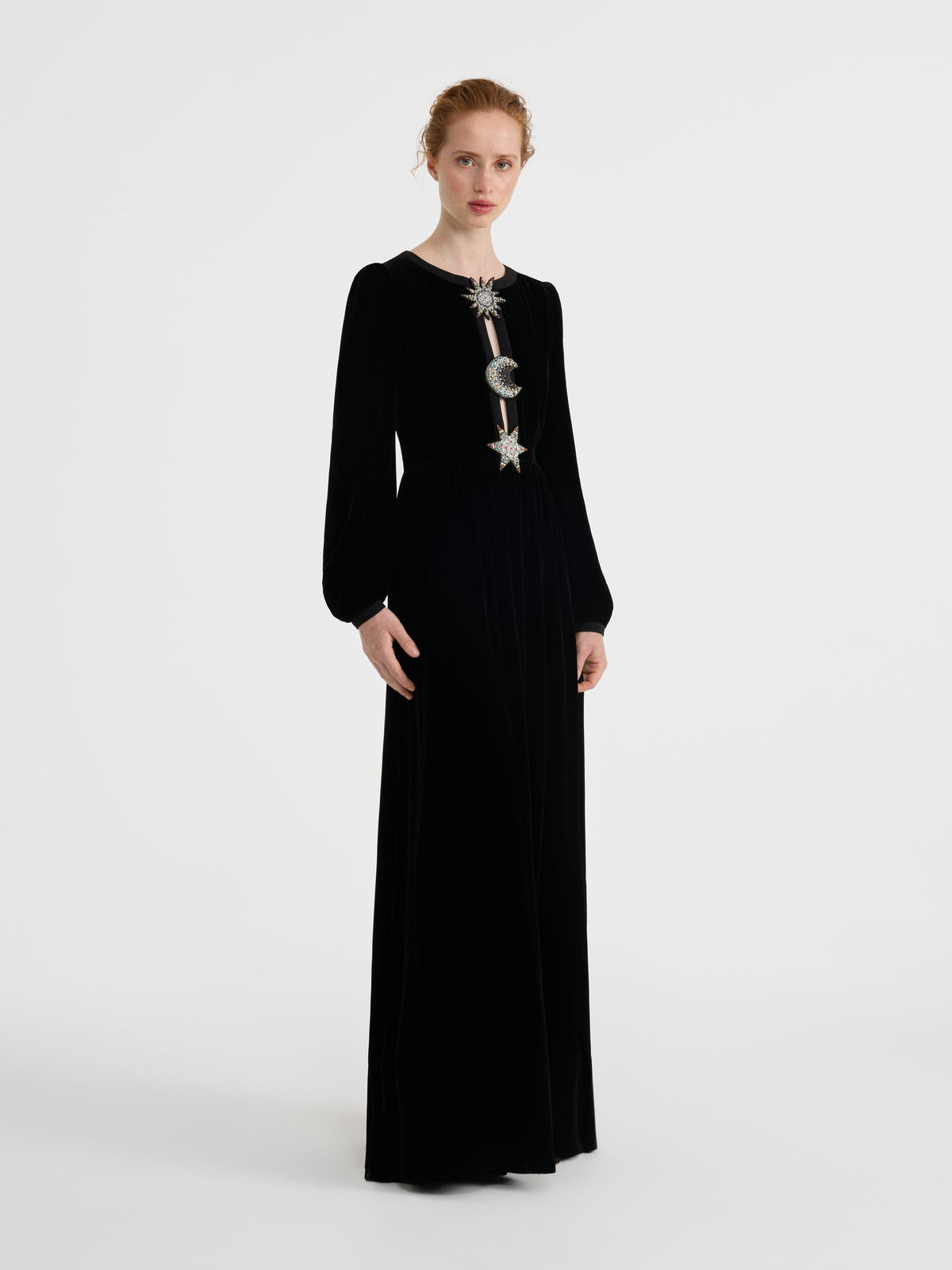 Camille Embellished Sun Moon Star Long Dress in Black