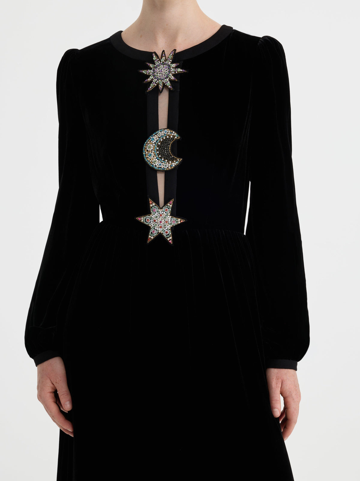 Camille Embellished Sun Moon Star Long Dress in Black