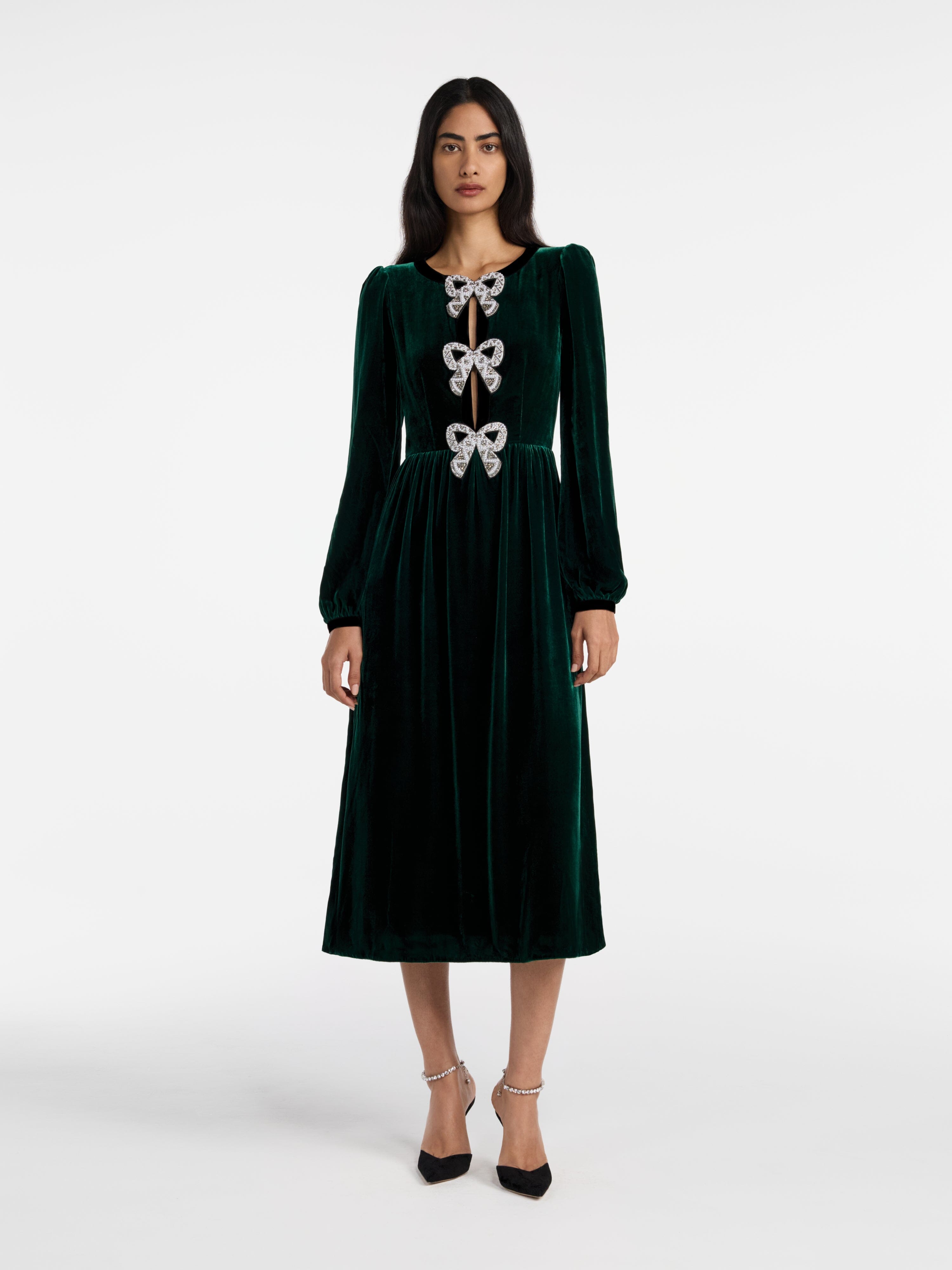 Camille Velvet Embellished Bows Dress in Green