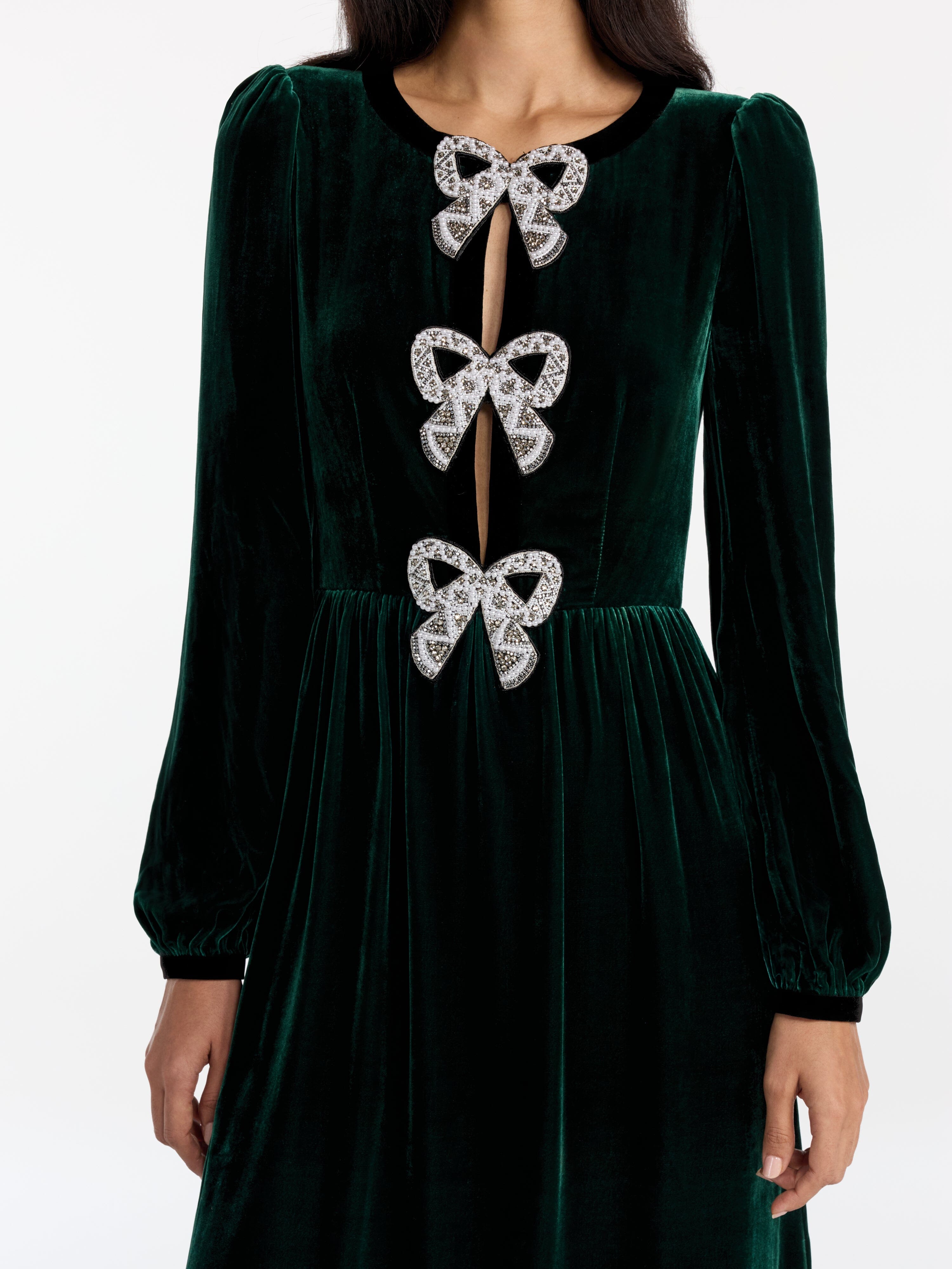 Camille Velvet Embellished Bows Dress in Green