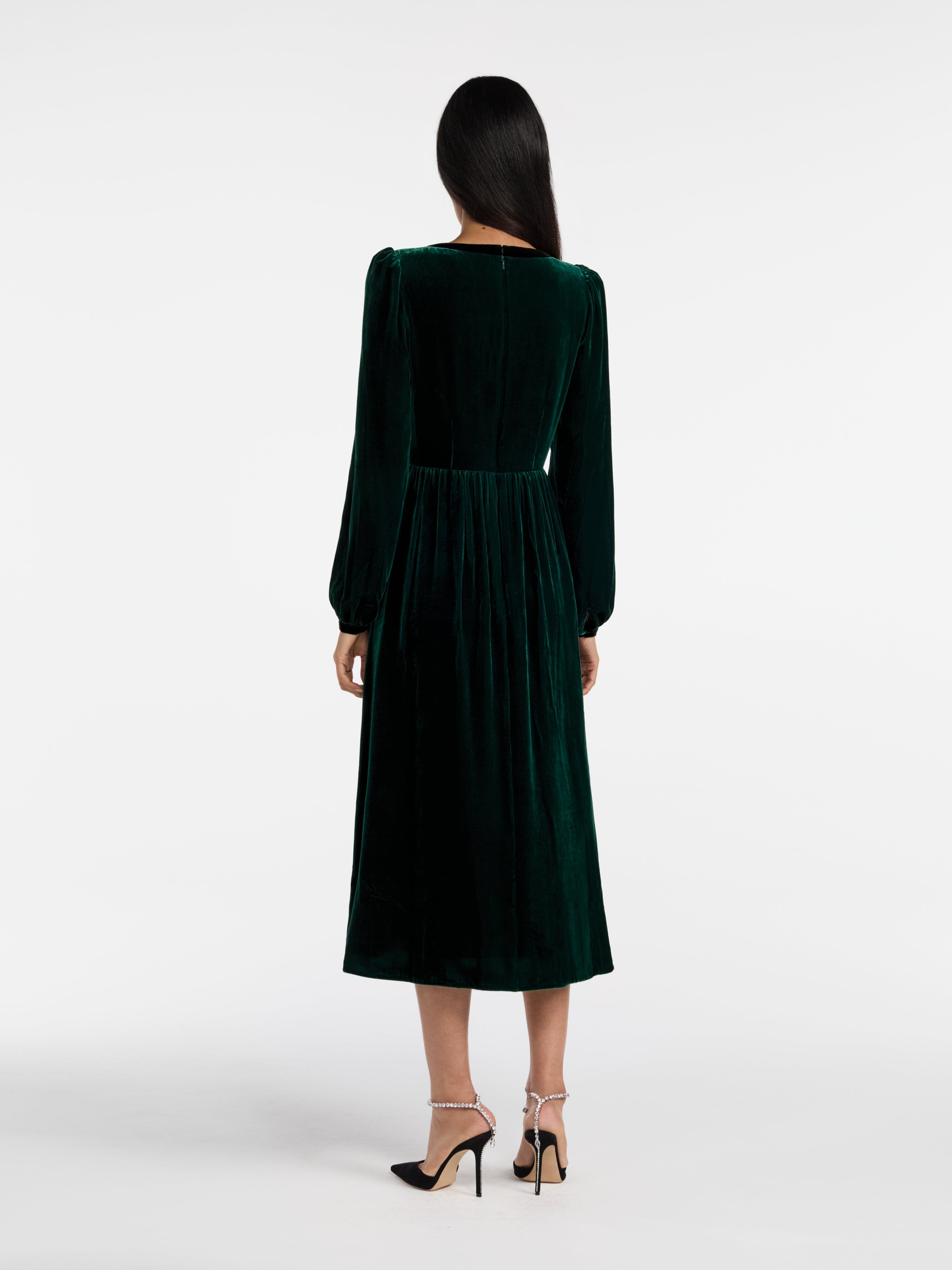 Camille Velvet Embellished Bows Dress in Green