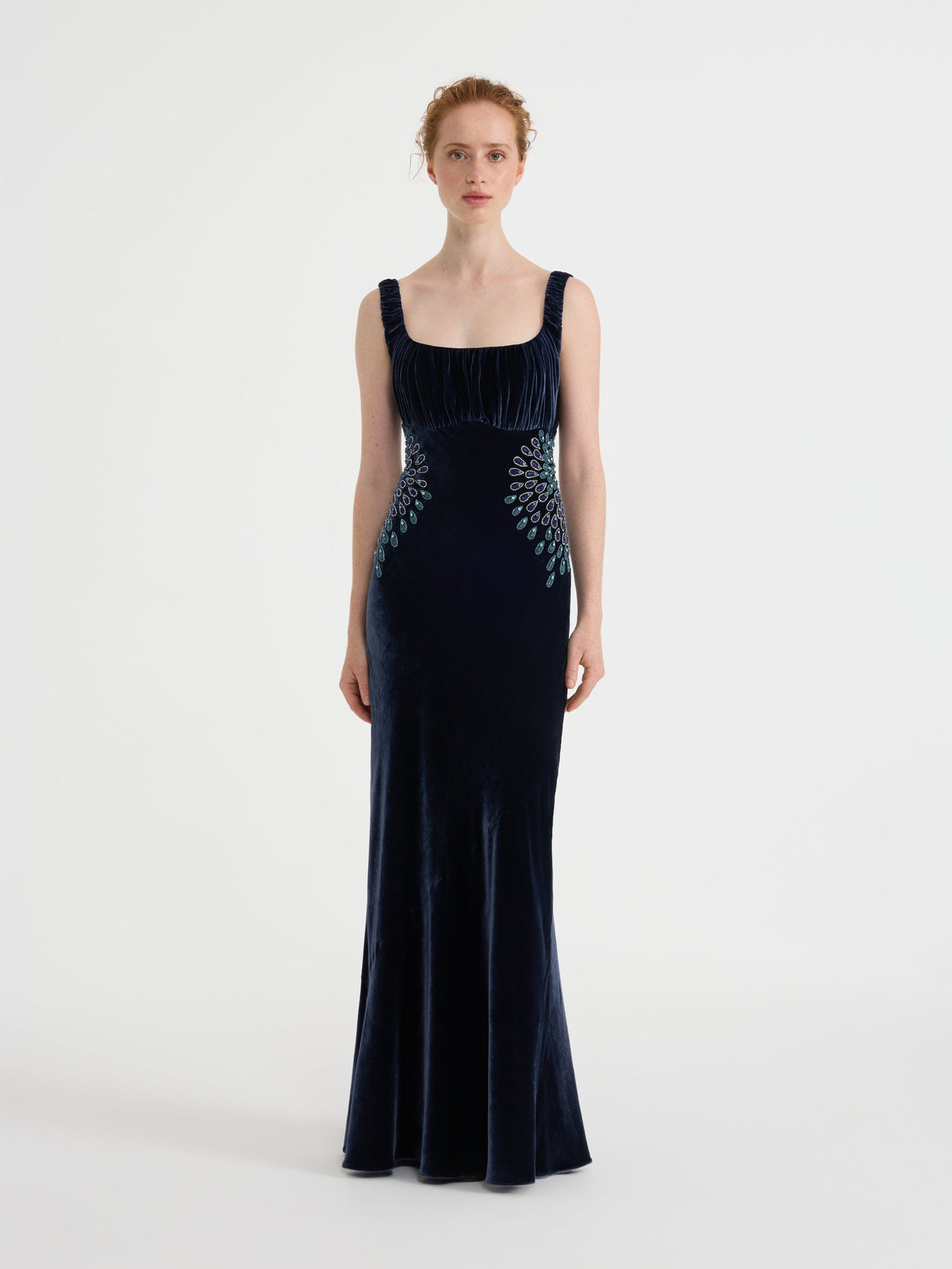 Navy velvet square neck embroidered maxi dress, on model front view