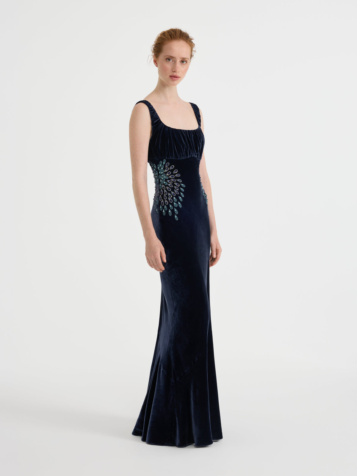 Chantal Long B Dress in Dark Navy Rays Embroidery