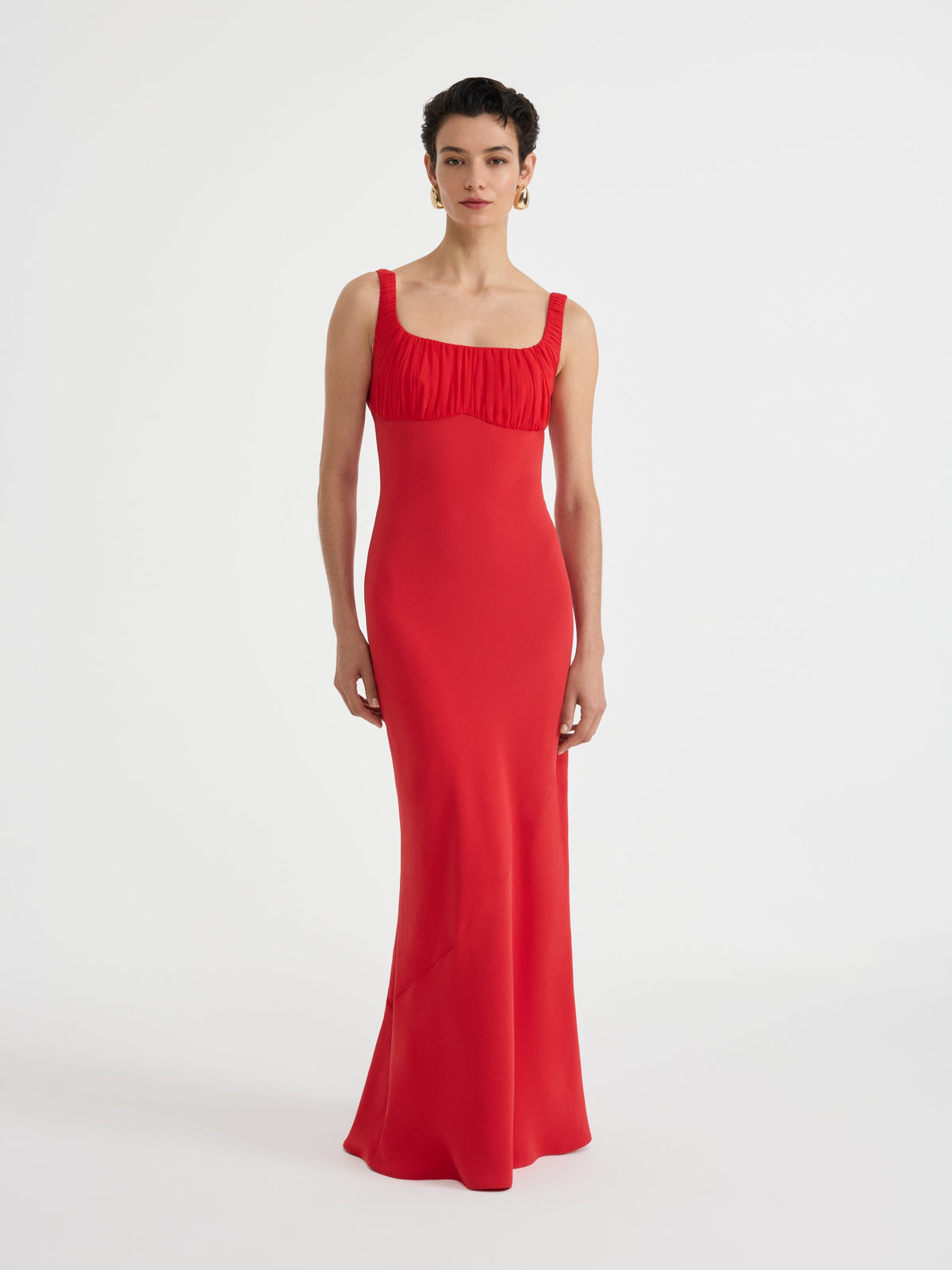 Red sleeveless square neck crepe maxi dress, on model front view