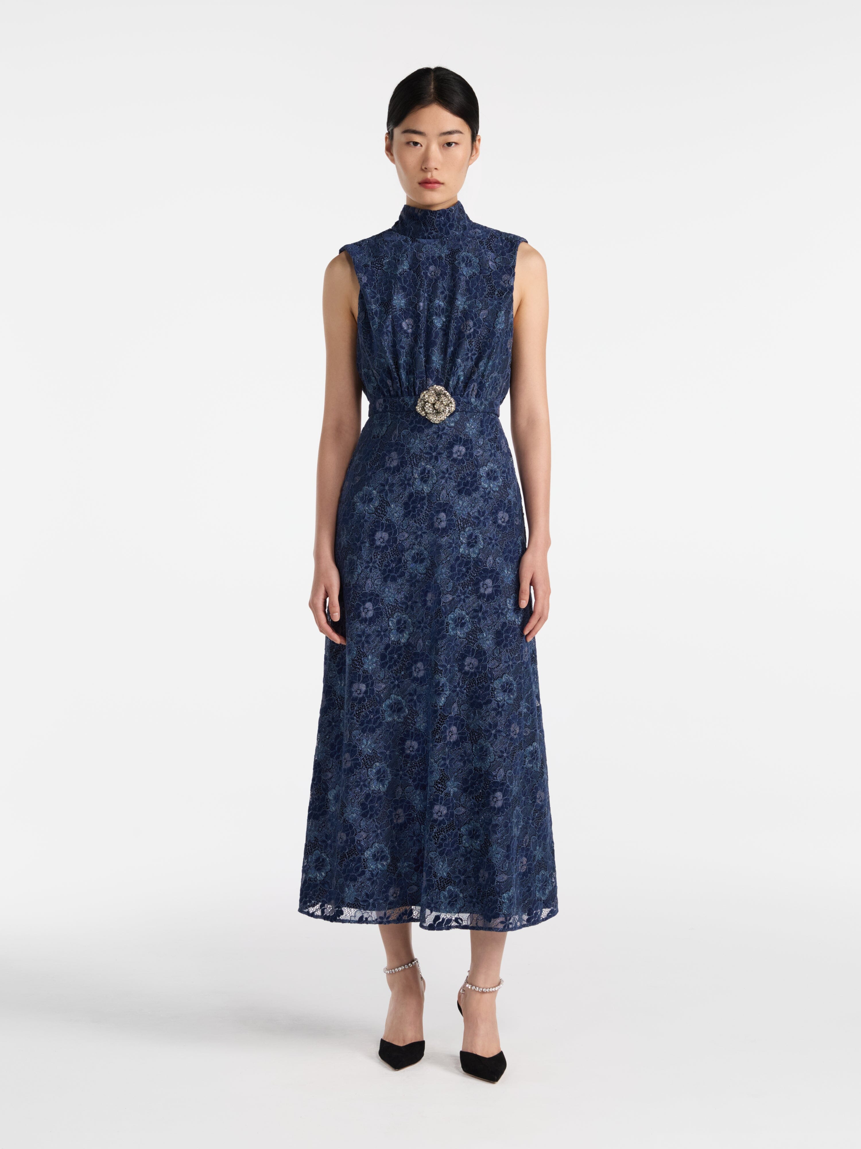 Fleur Lace Dress in Metallic Navy