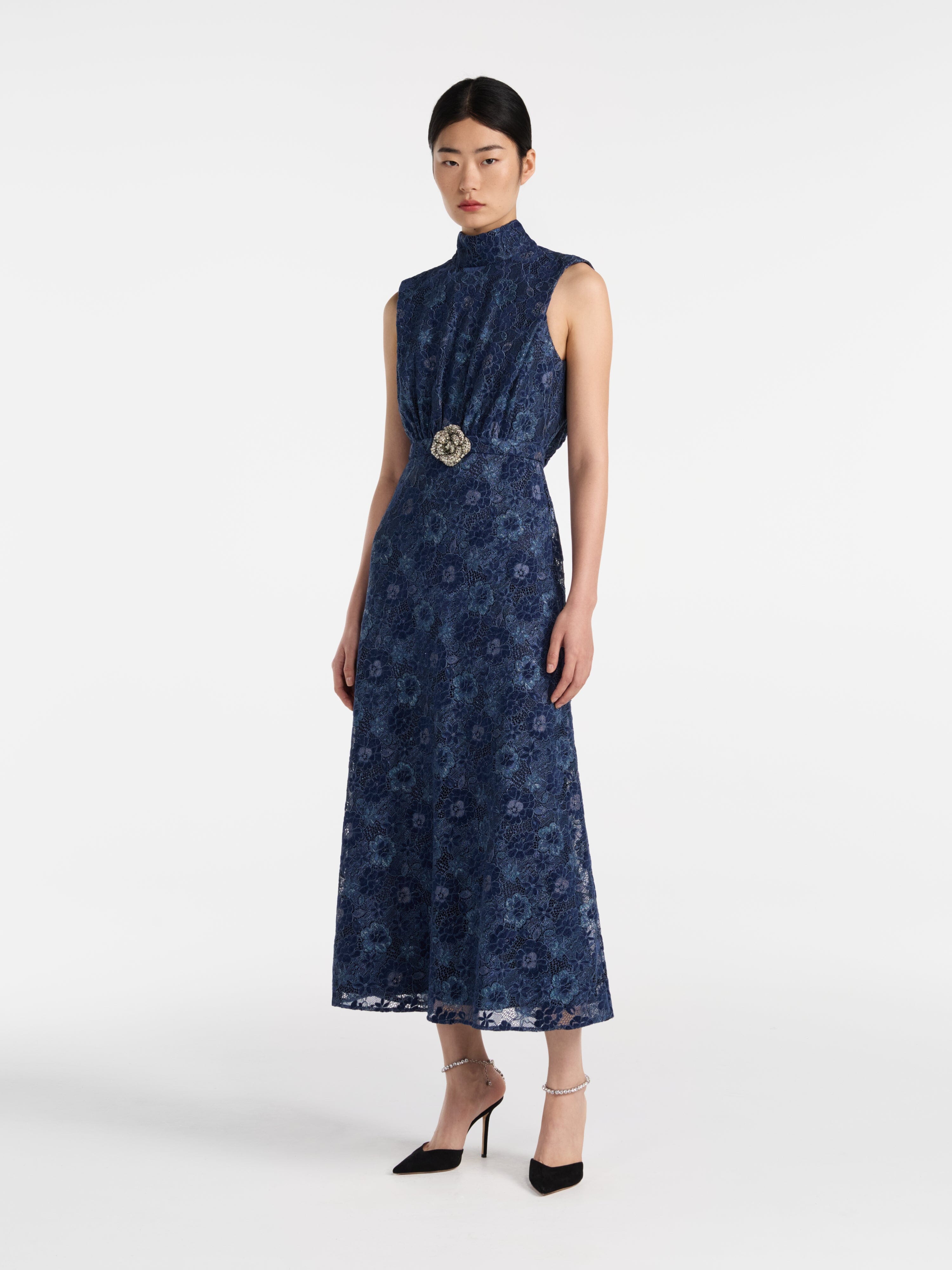 Fleur Lace Dress in Metallic Navy
