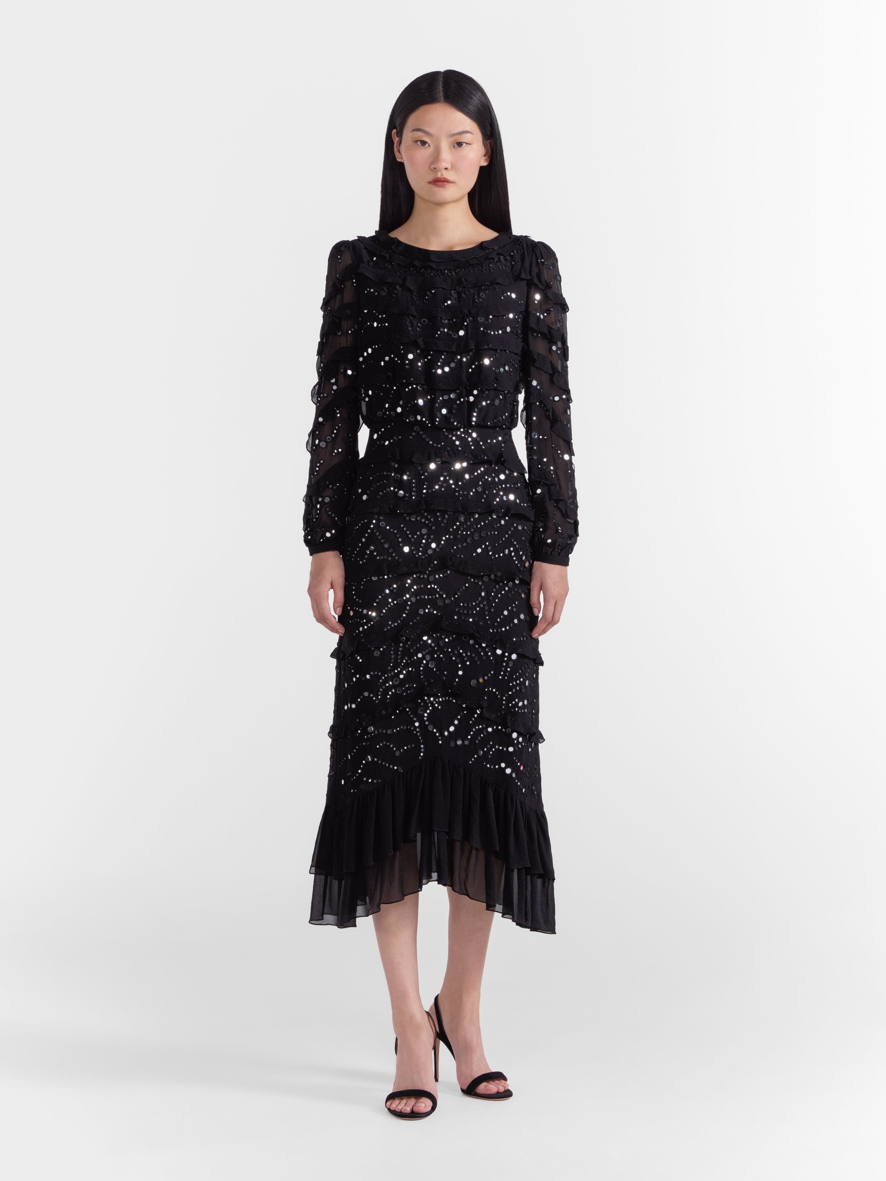 Venyx Isa D Dress in Black Mirror Embriodery