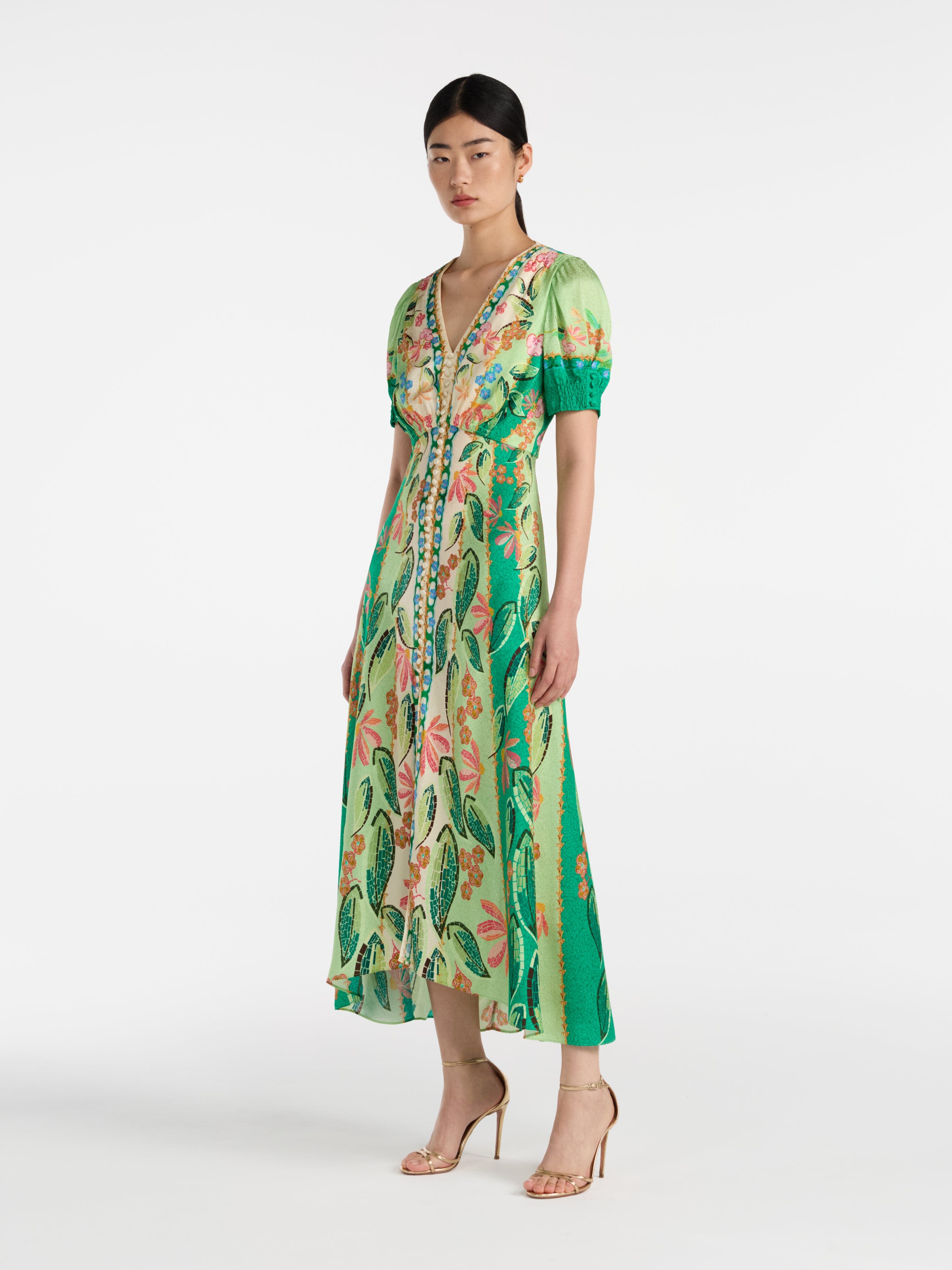 Saloni Women's Lea Silk Dress - Green - Size 6 - Terrazzo Jade Saloni Women's Lea Silk Dress - Green - Size 6 - Terrazzo Jade