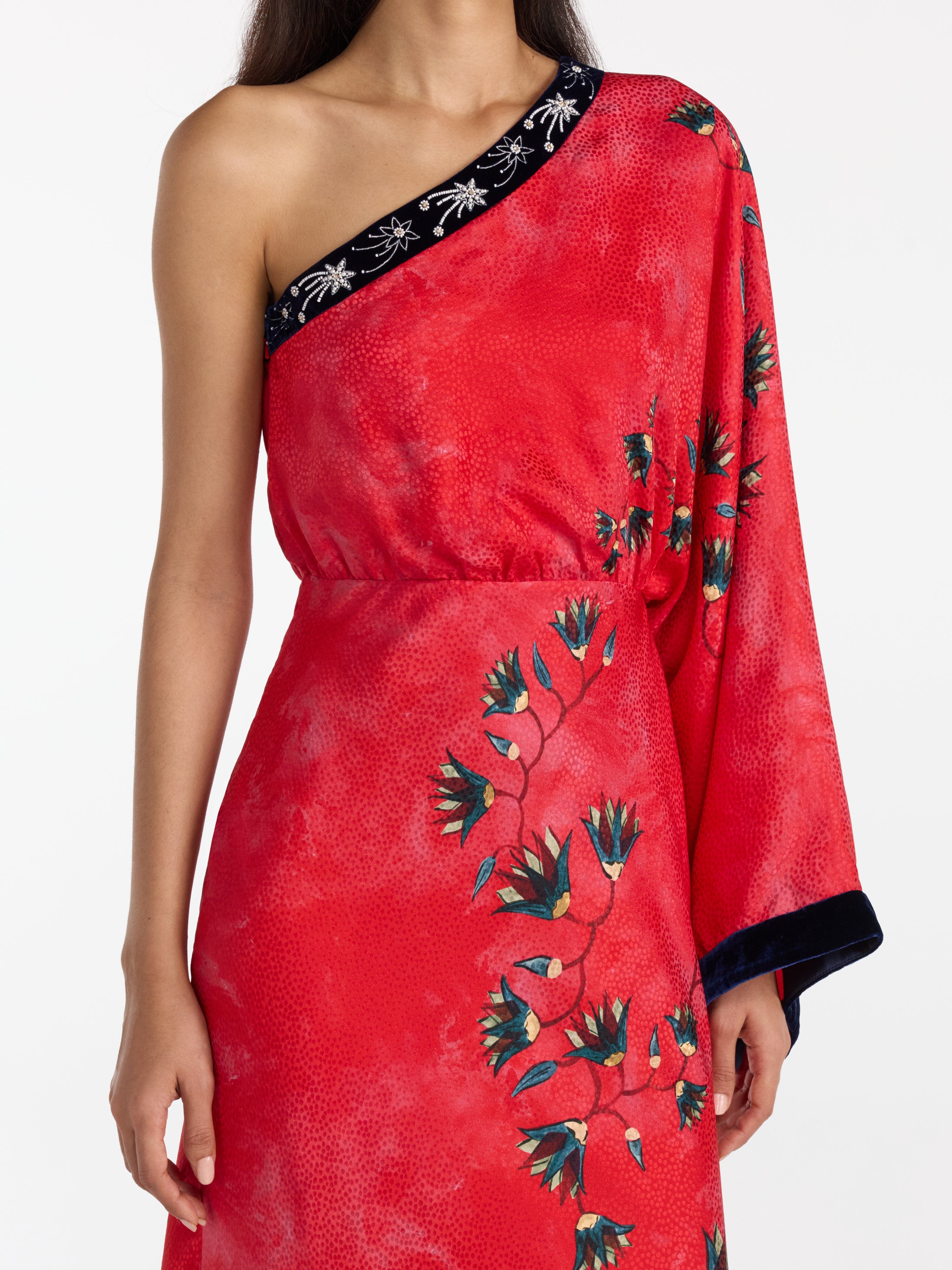 saloni lily one shoulder dress Saloni Lily Saloni One Shoulder Dress Saloni Lily One-shoulder Floral Silk Kimono Gown In Garden