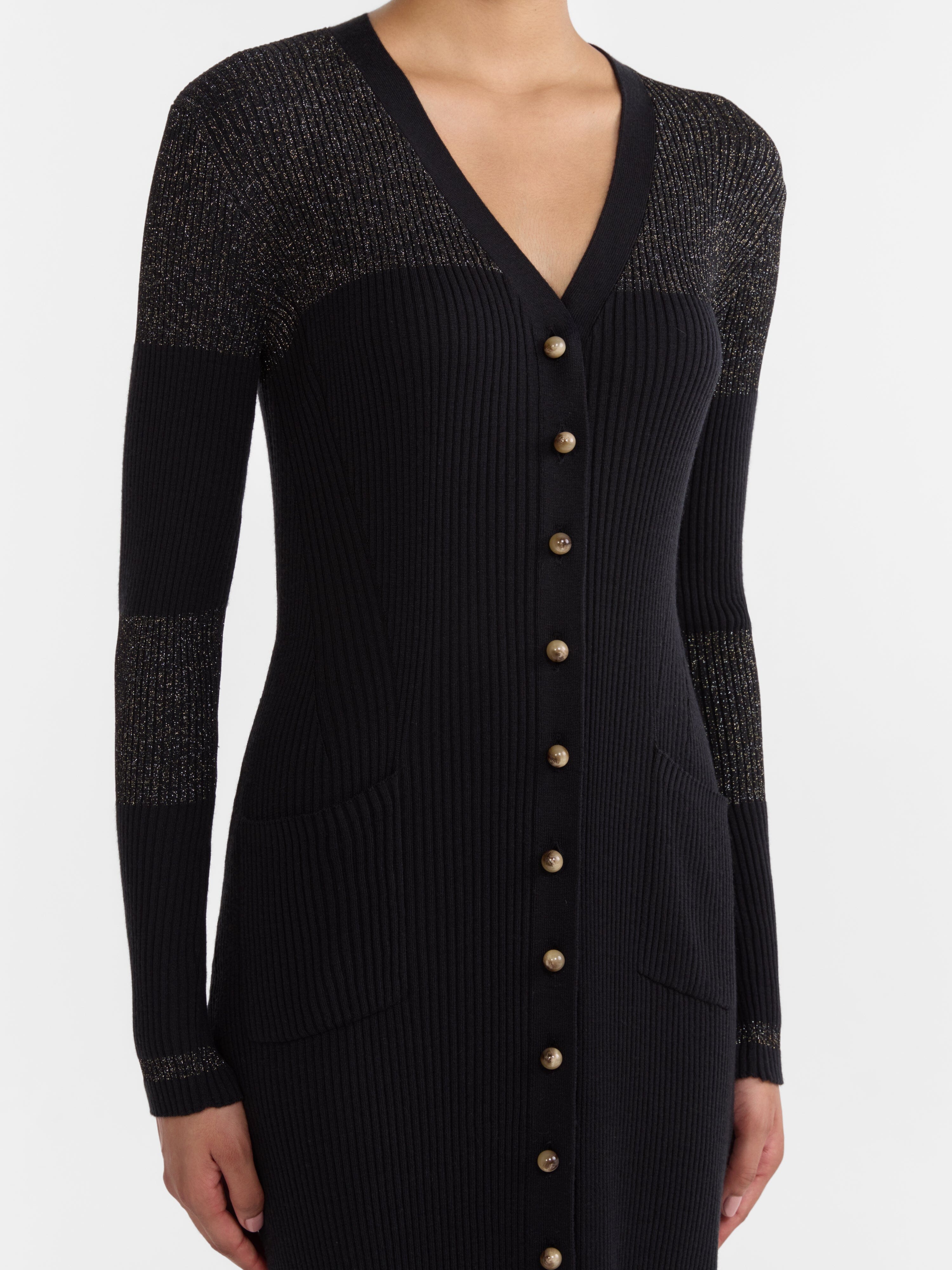Venyx Long Rib Cardigan Dress in Black Gold Venyx Long Rib Cardigan Dress in Black Gold