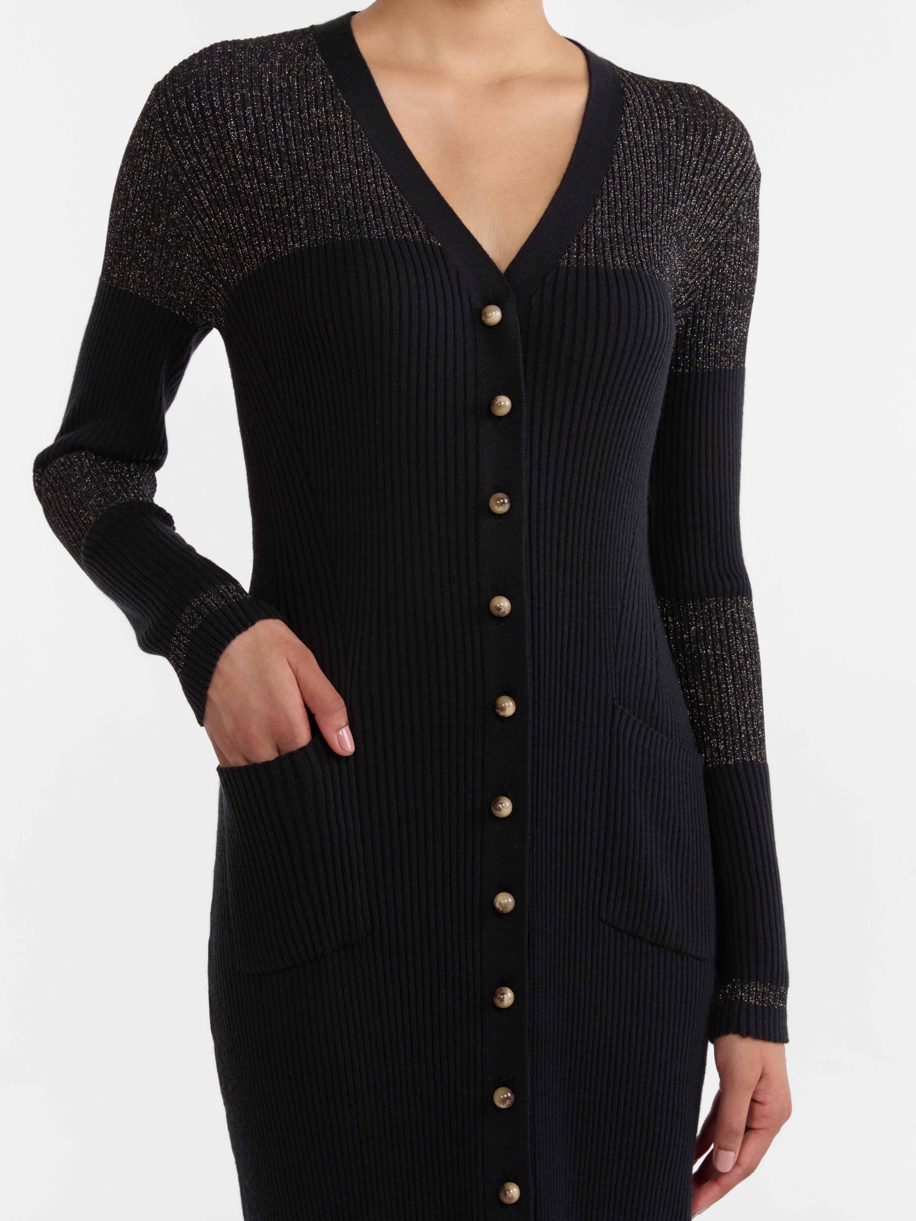 Venyx Long Rib Cardigan Dress in Black Gold