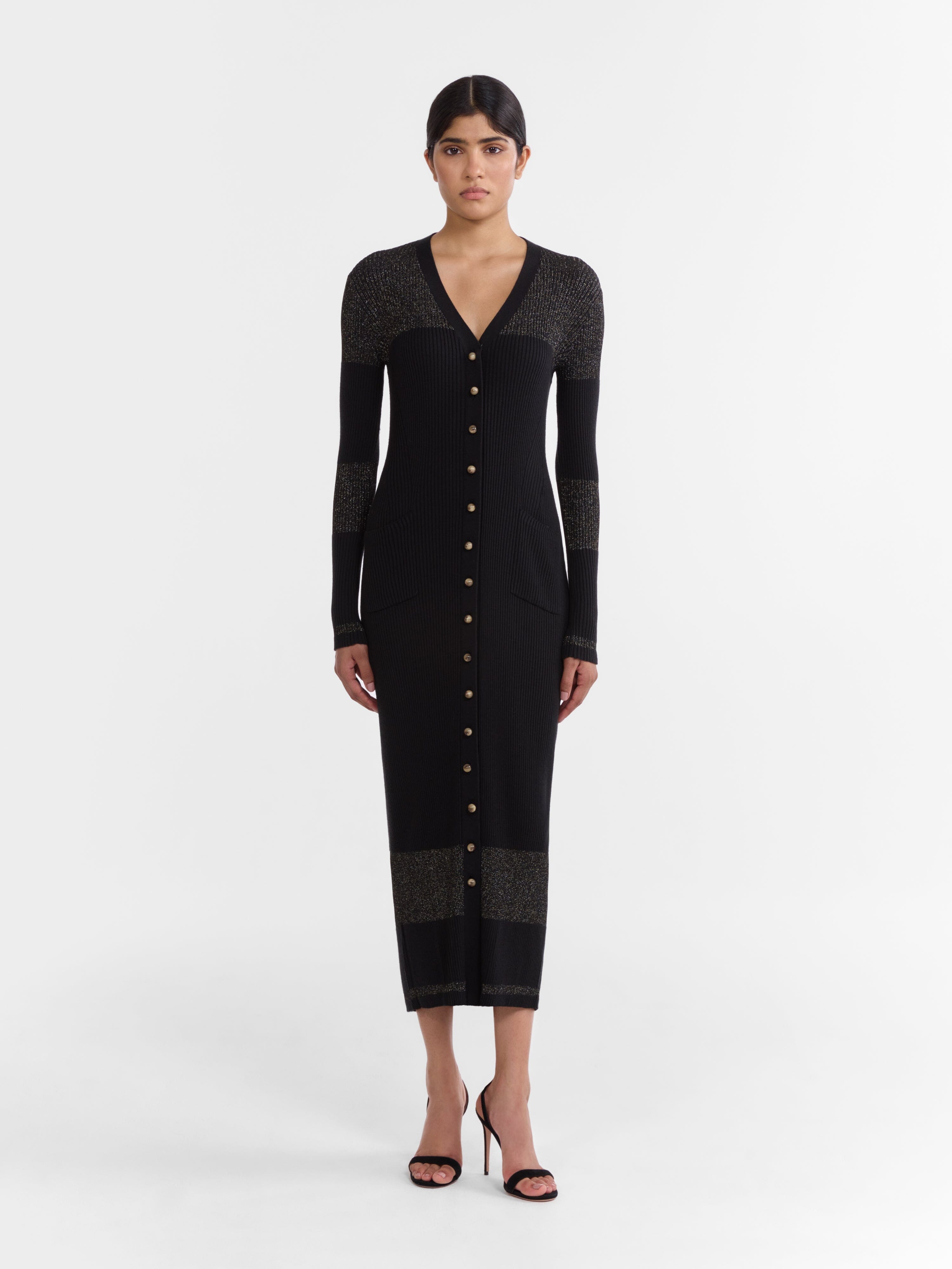 Venyx Long Rib Cardigan Dress in Black Gold Venyx Long Rib Cardigan Dress in Black Gold