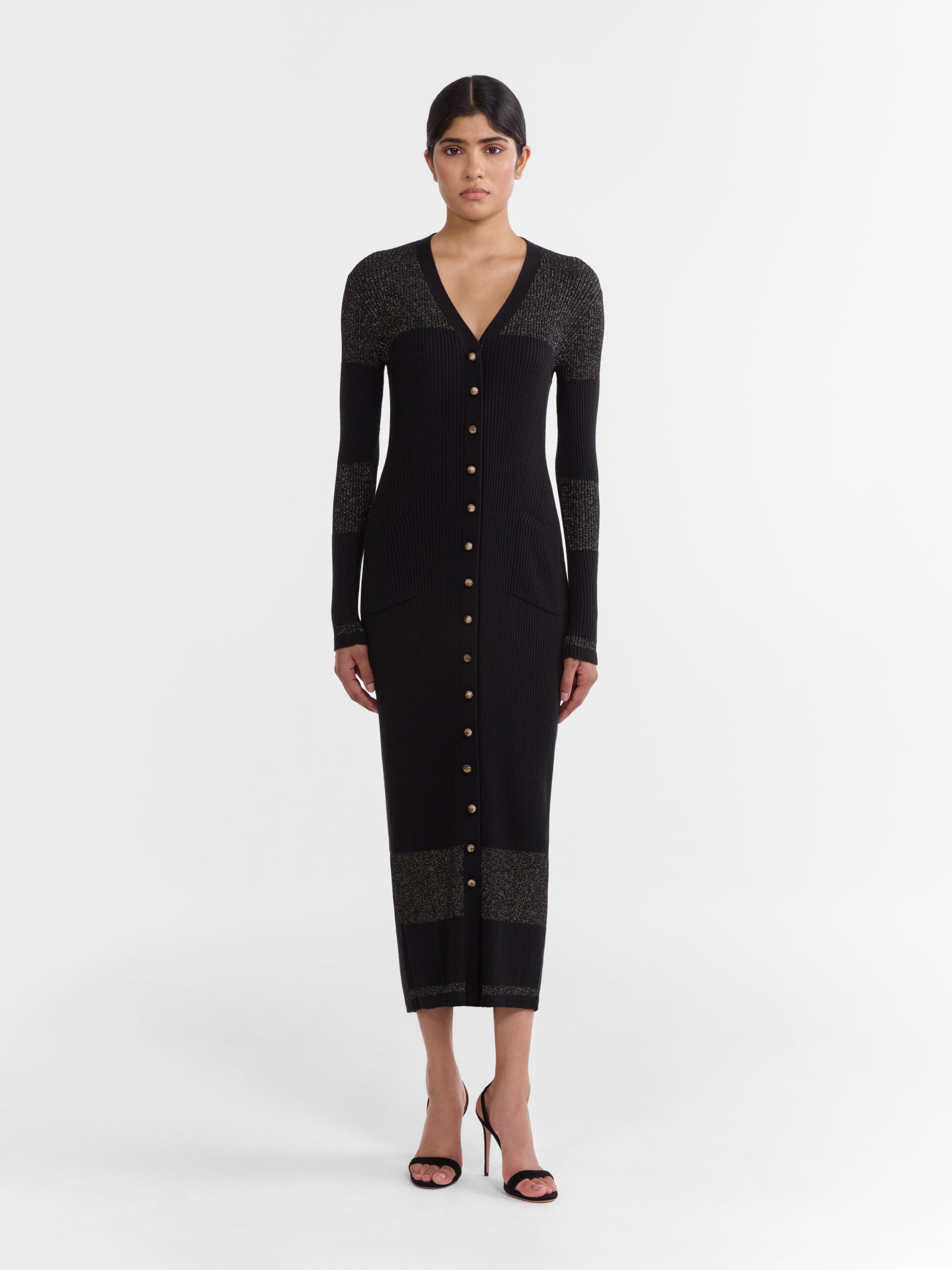 Venyx Long Rib Cardigan Dress in Black Gold