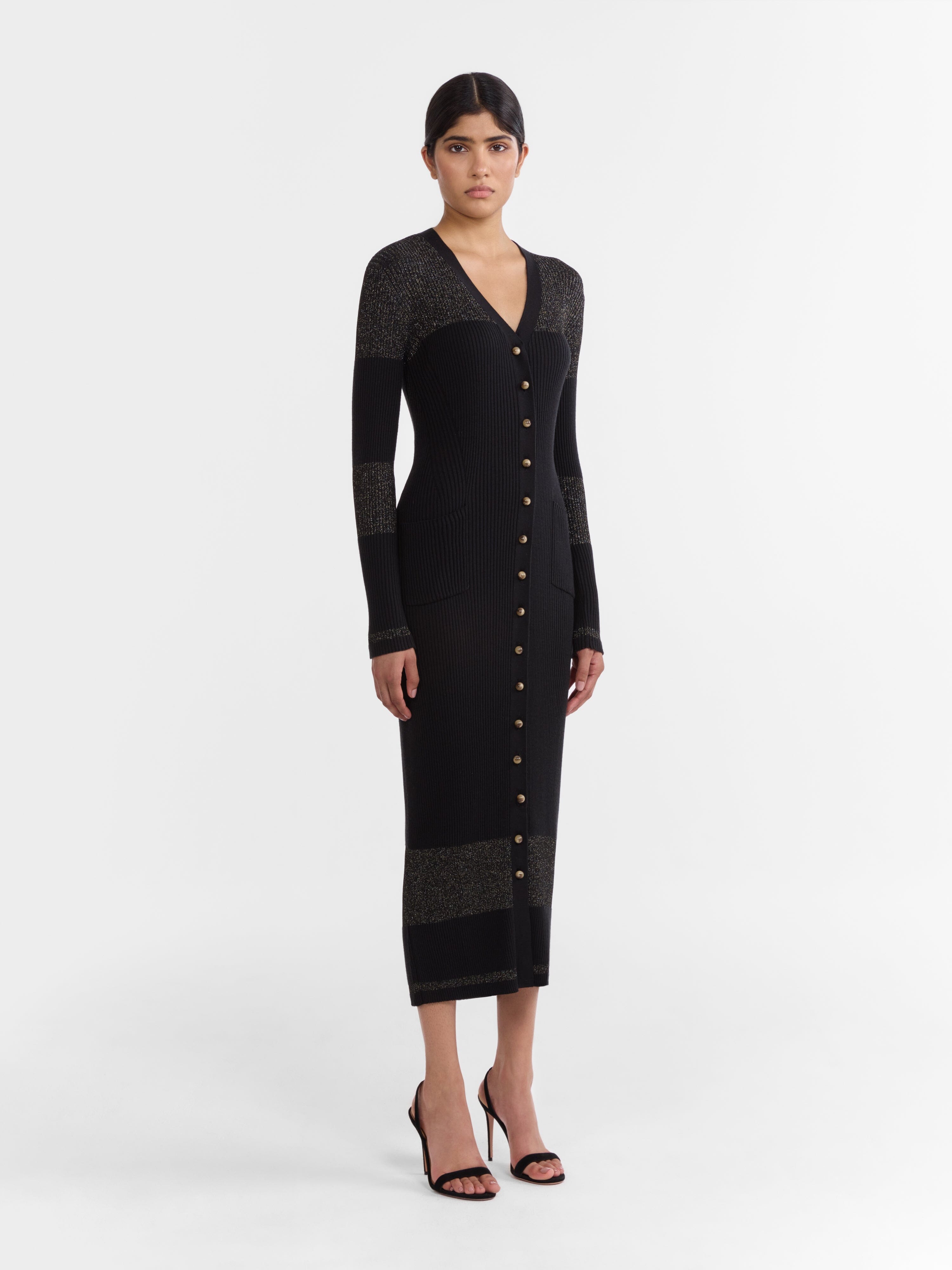 Venyx Long Rib Cardigan Dress in Black Gold Venyx Long Rib Cardigan Dress in Black Gold