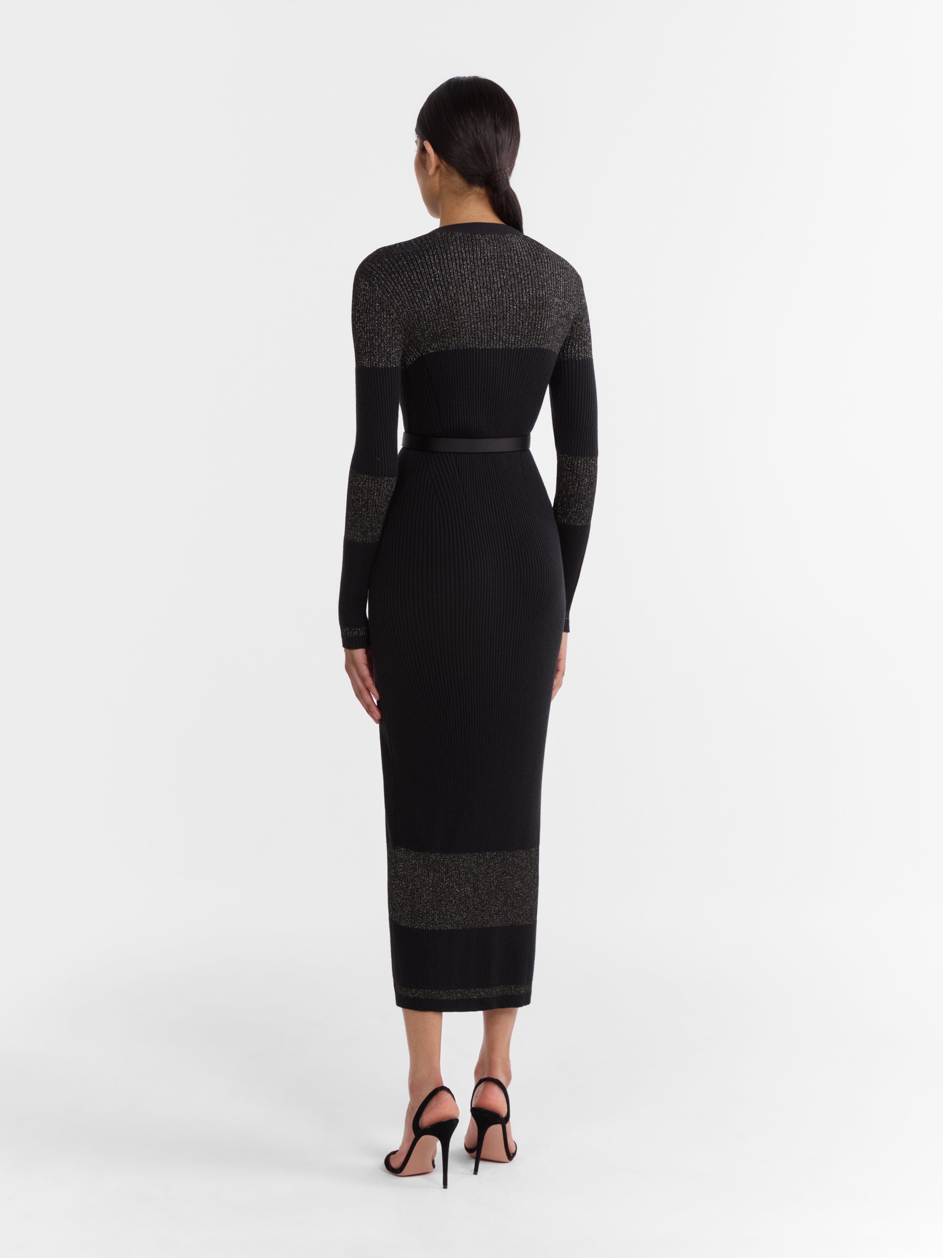 Venyx Long Rib Cardigan Dress in Black Gold Venyx Long Rib Cardigan Dress in Black Gold