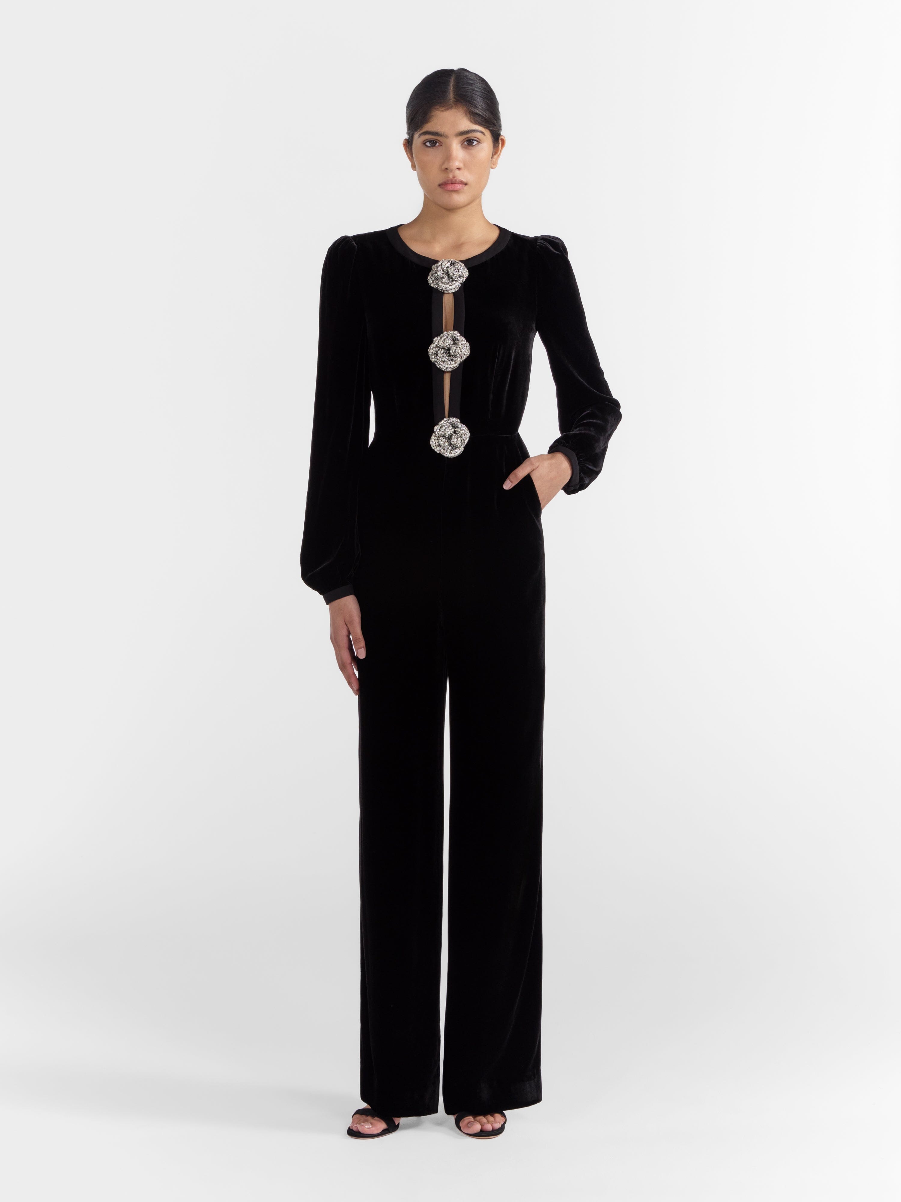 Camille Bows Jumpsuit in Black Crystal Rose - Main Image