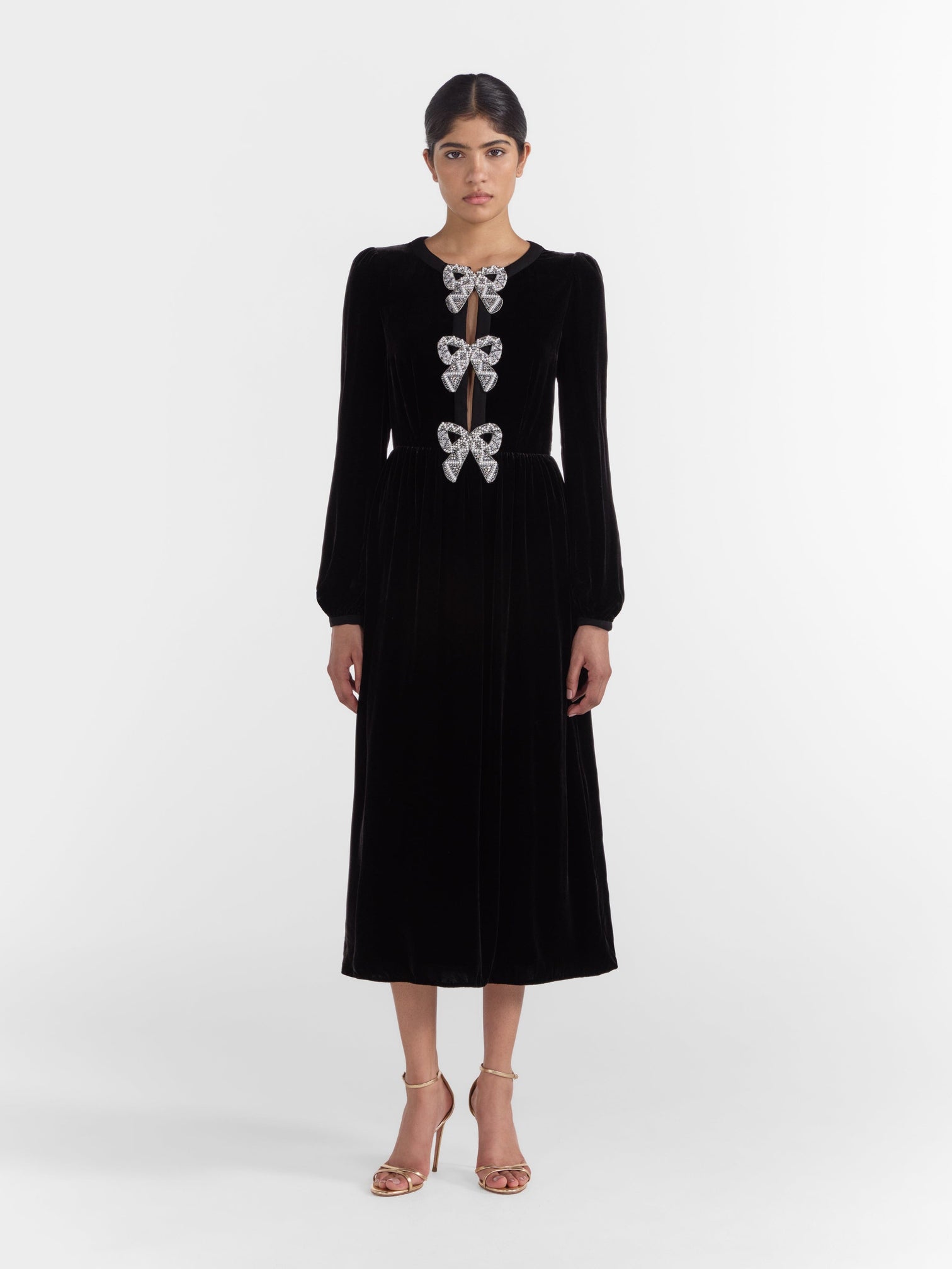 Camille Velvet Embellished Bows Dress in Black – SALONI