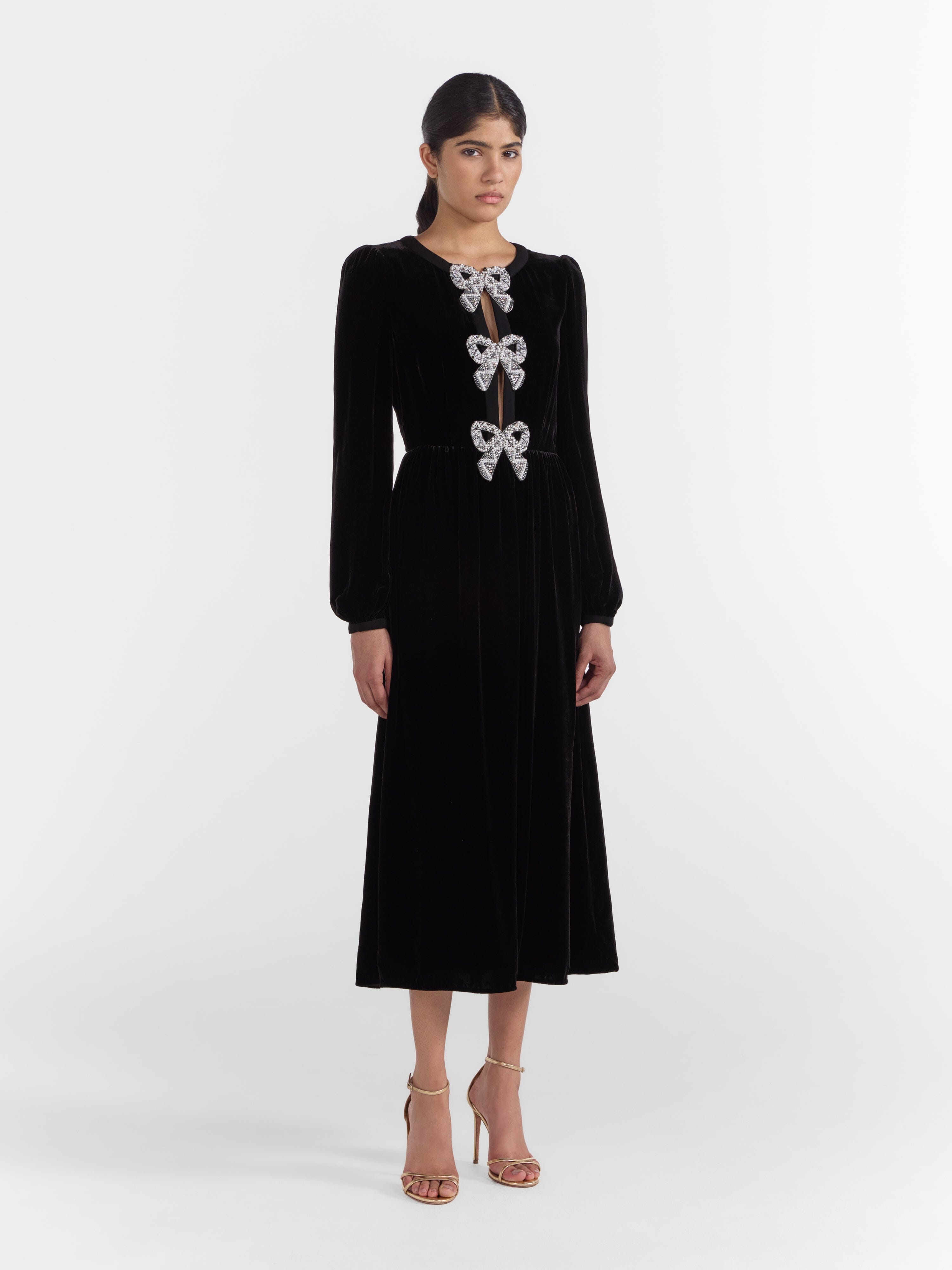 Camille Velvet Embellished Bows Dress in Black - Main Image