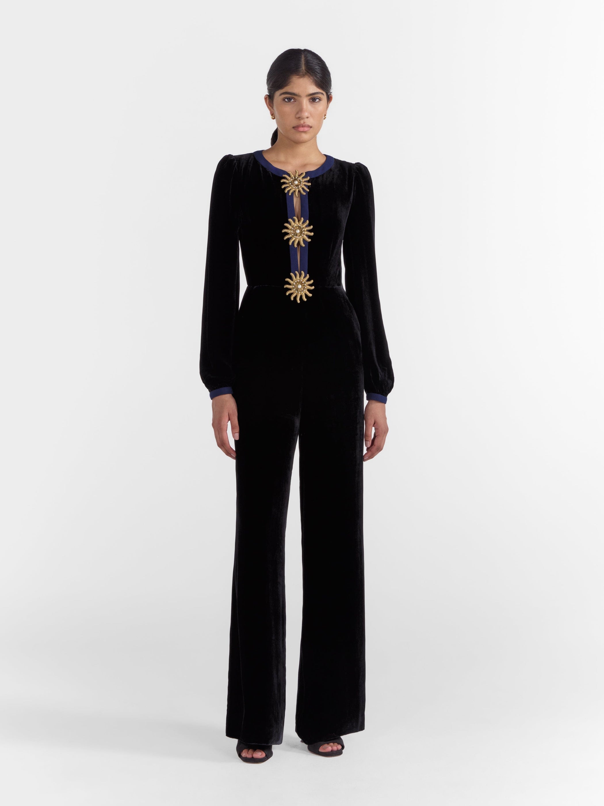 Camille Bows Jumpsuit in Black Gold Embroidery