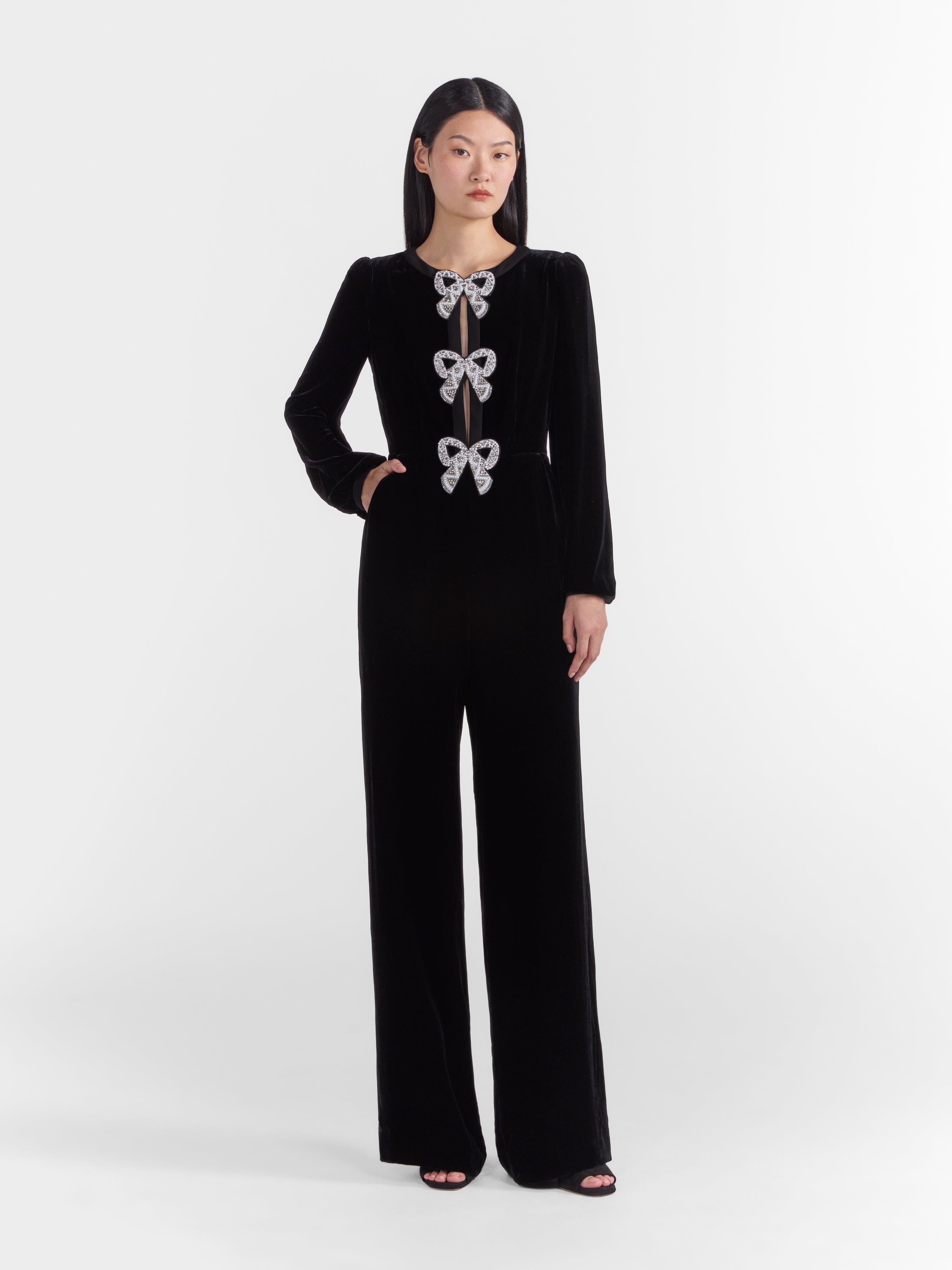 Camille Velvet Embellished Bows Jumpsuit in Black