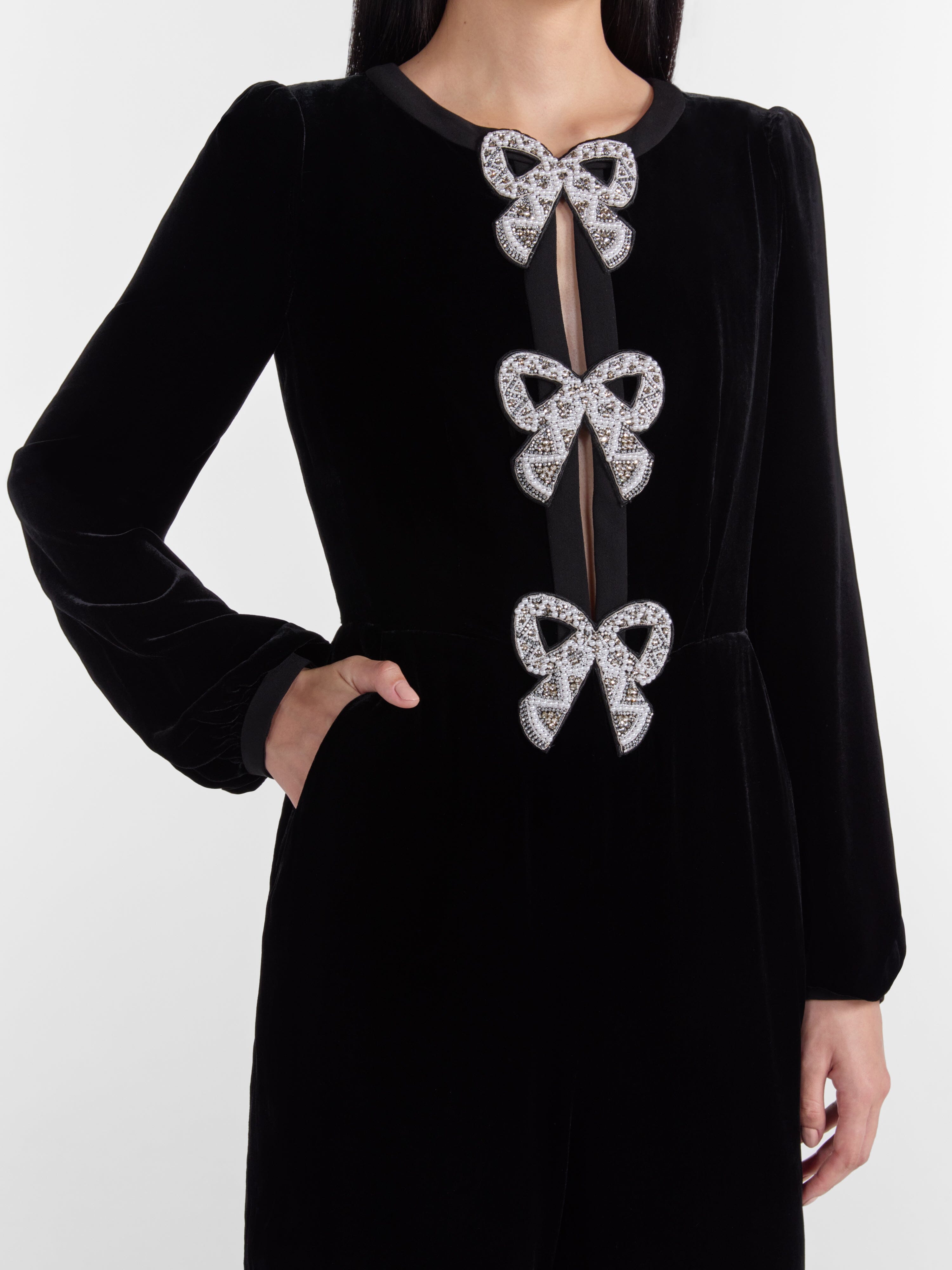 saloni camille bow-embellished velvet midi dress SALONI Camille Crystal-Bow Velvet Midi Dress