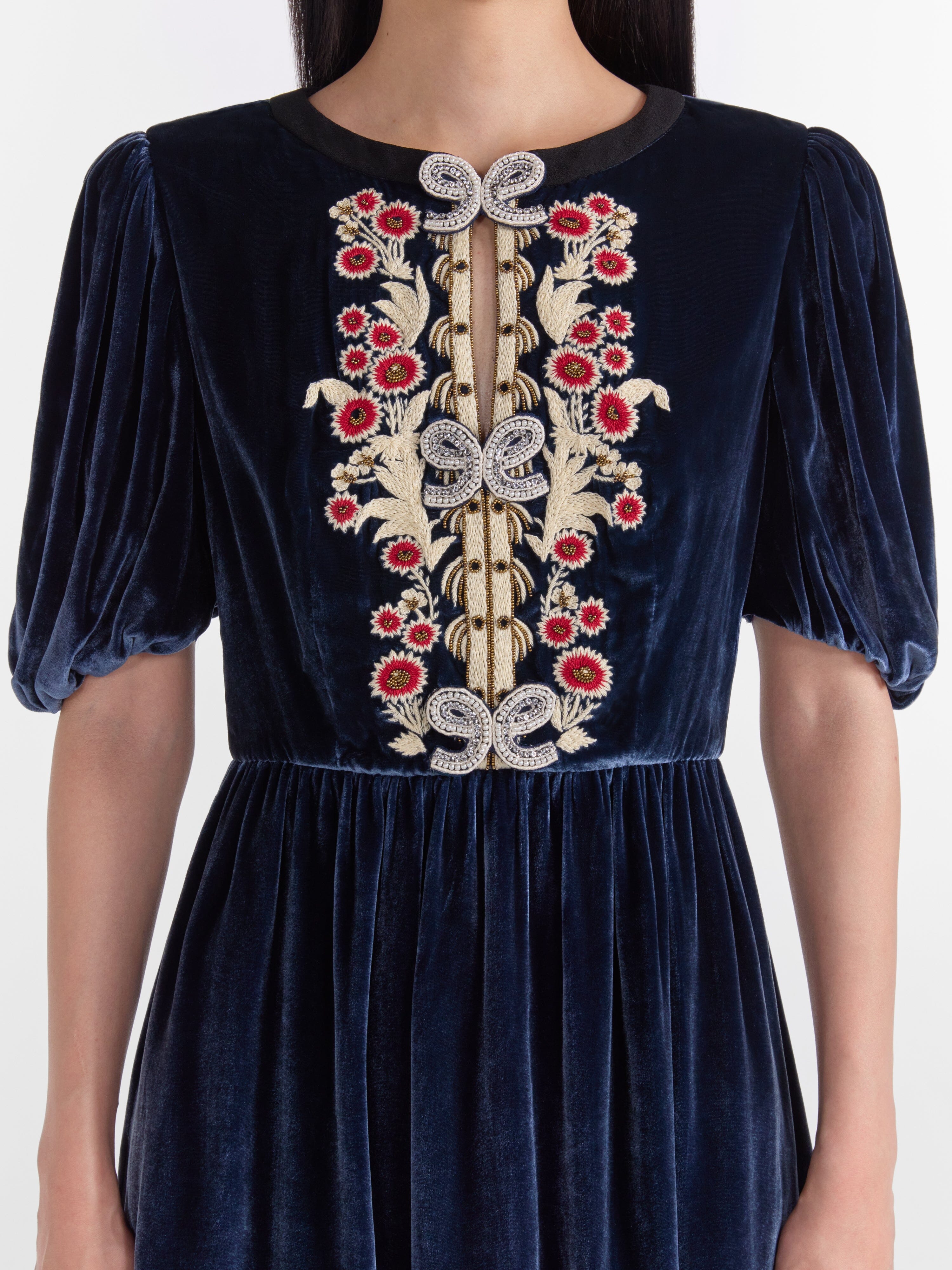 Camille Thread Short Dress with Threadwork Bows in Navy