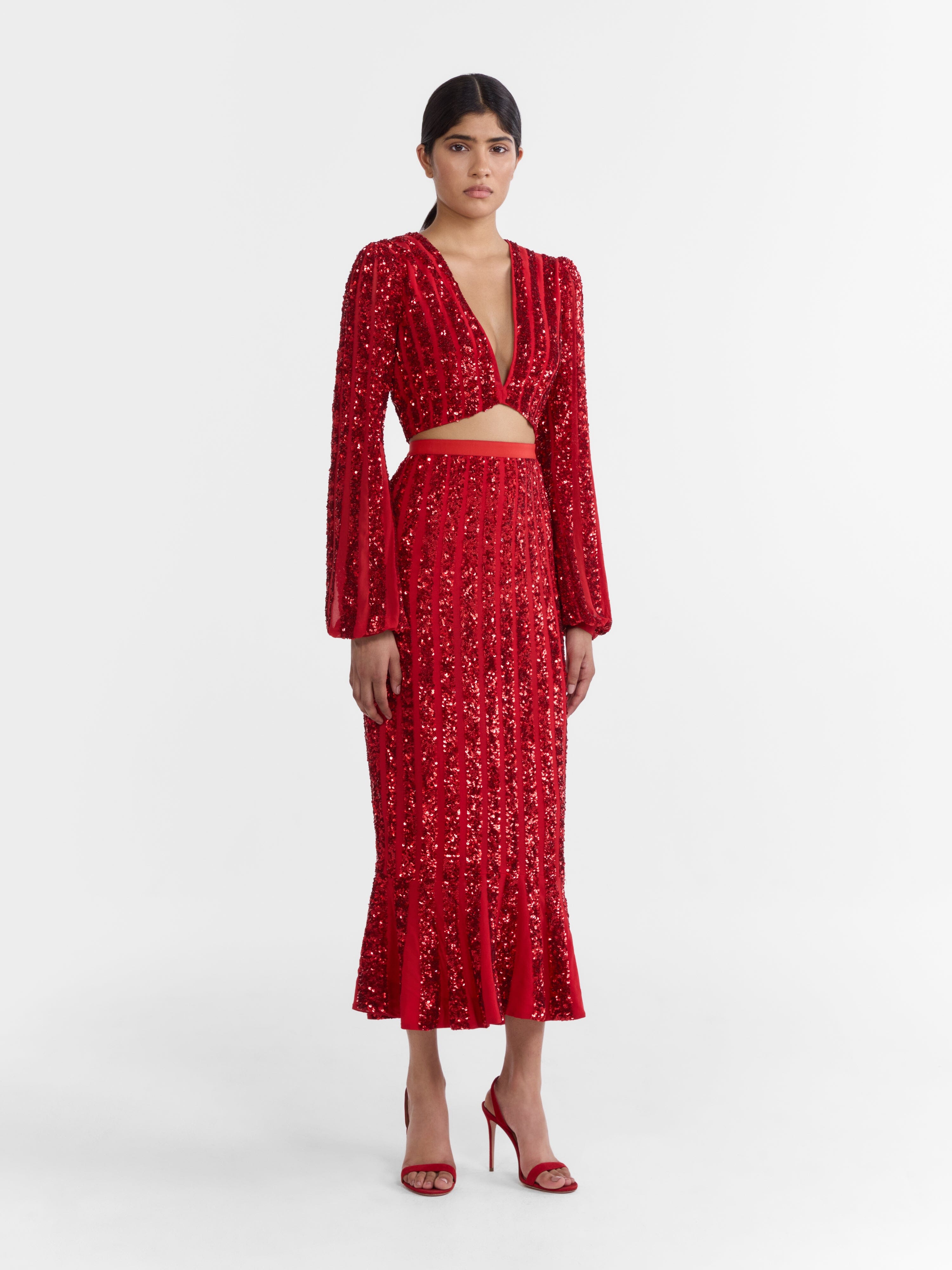 Venyx Camille Crop Top in Scarlet with Sequin Embroidery