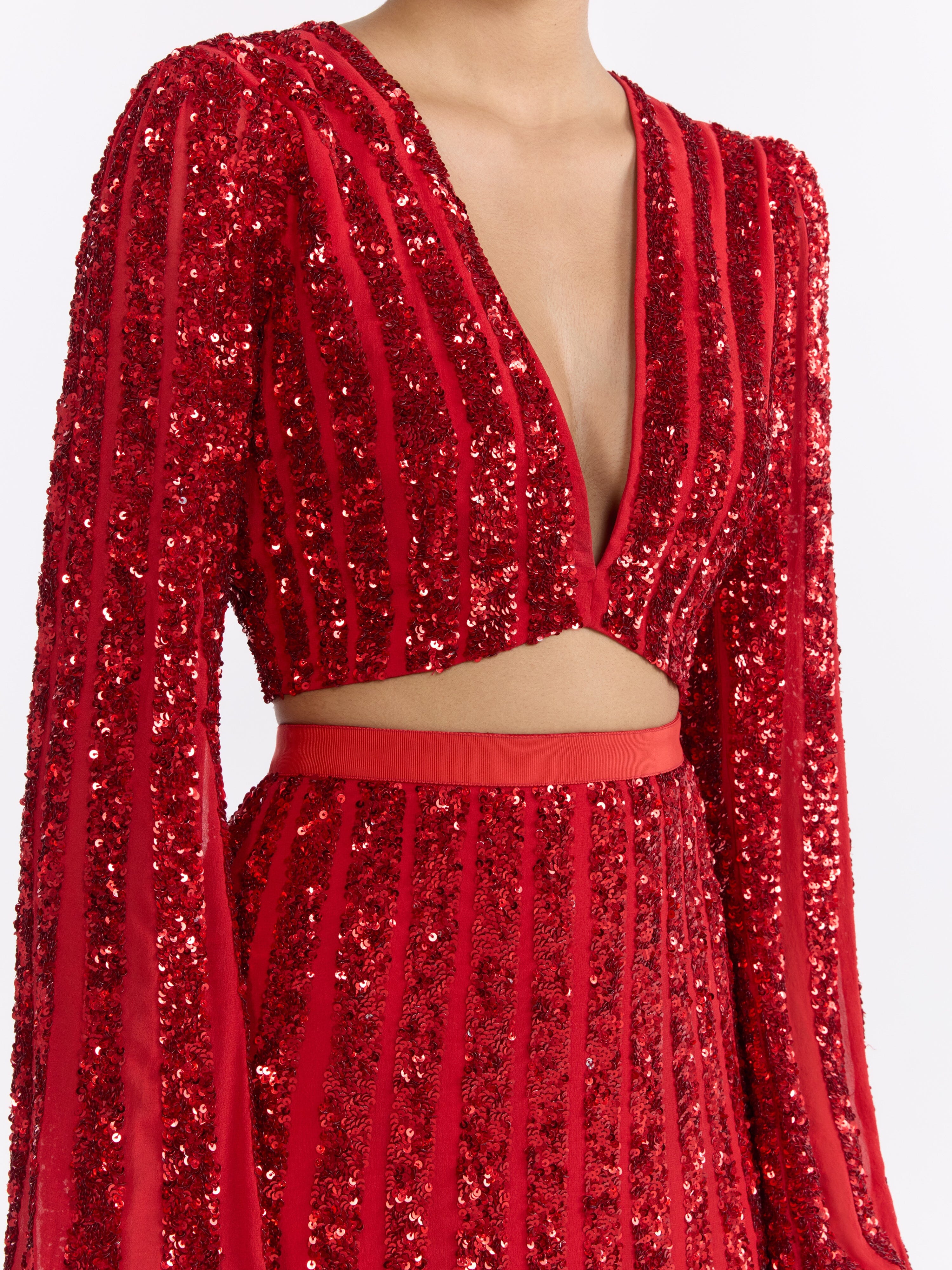 Venyx Camille Crop Top in Scarlet with Sequin Embroidery