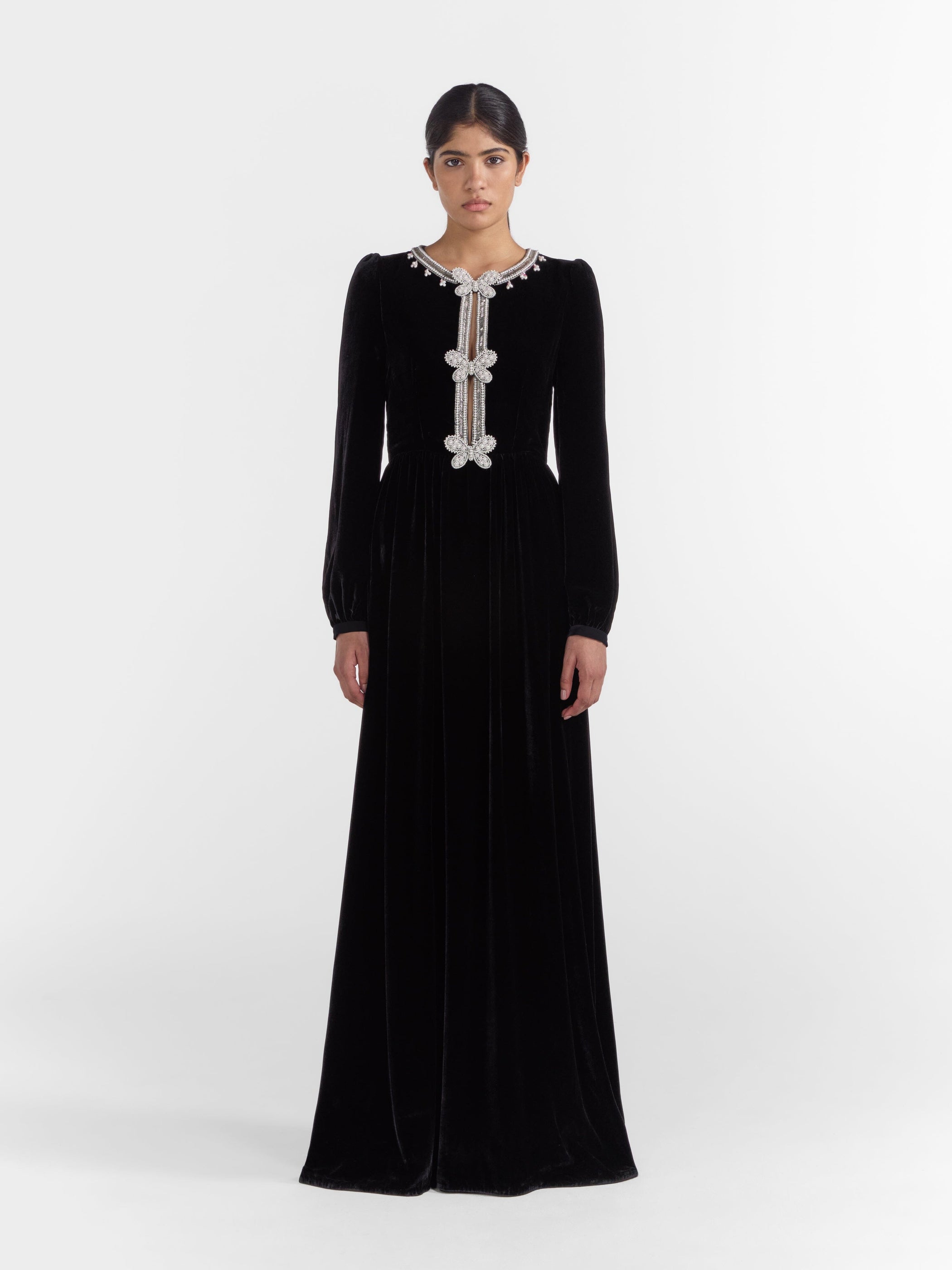 Camille Long Dress in Black Monarch Embroidery