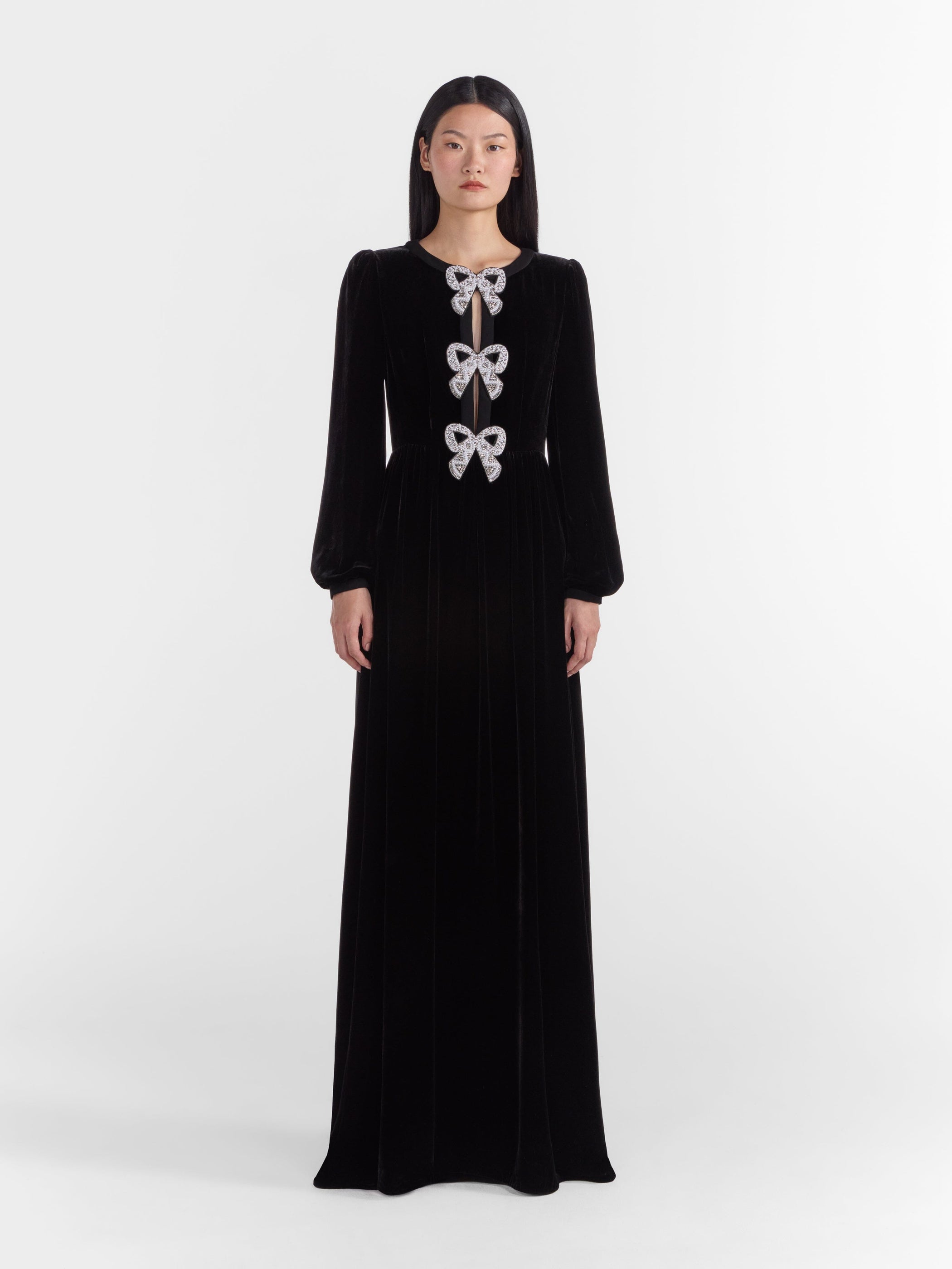 Camille Velvet Embellished Bows Long Dress in Black