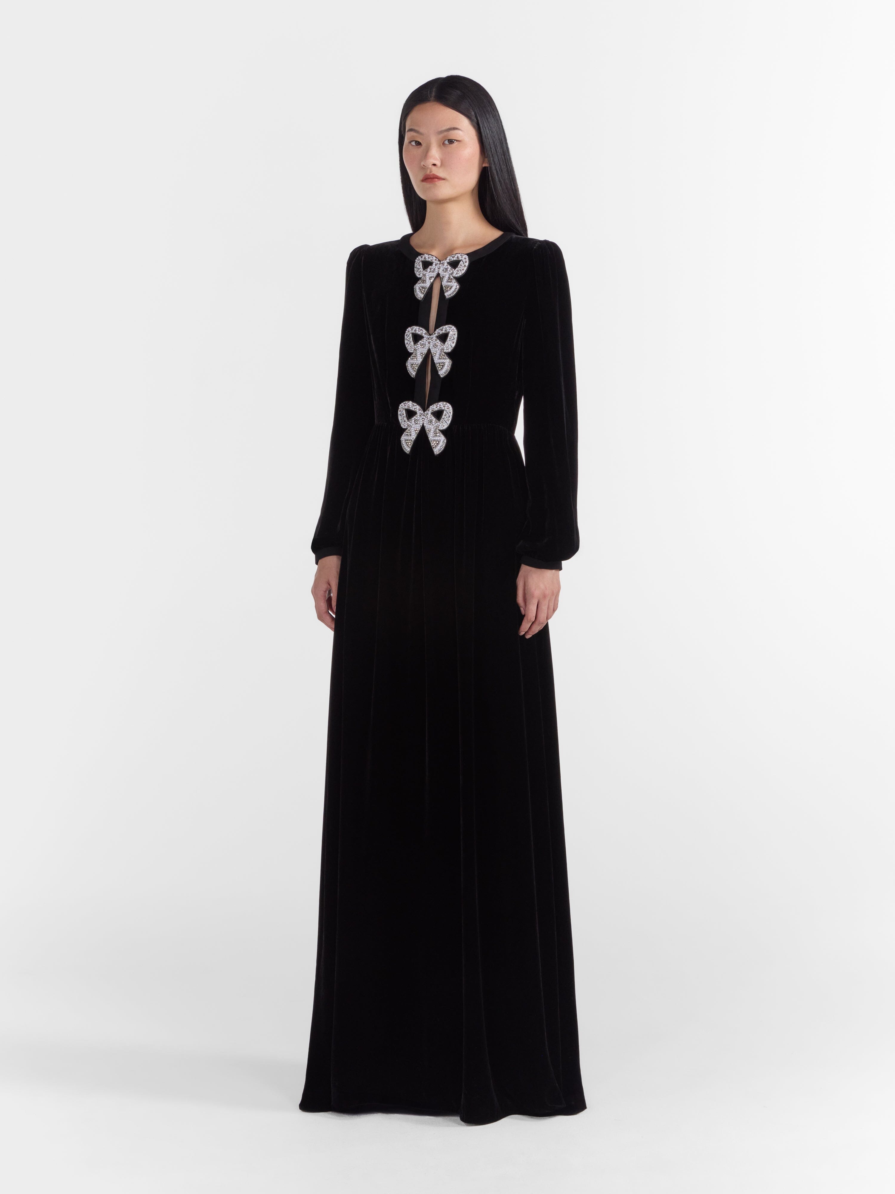 Saloni | Camille Velvet Embellished Bows Long Dress In Black | Black Saloni | Camille Velvet Embellished Bows Long Dress In Black | Black