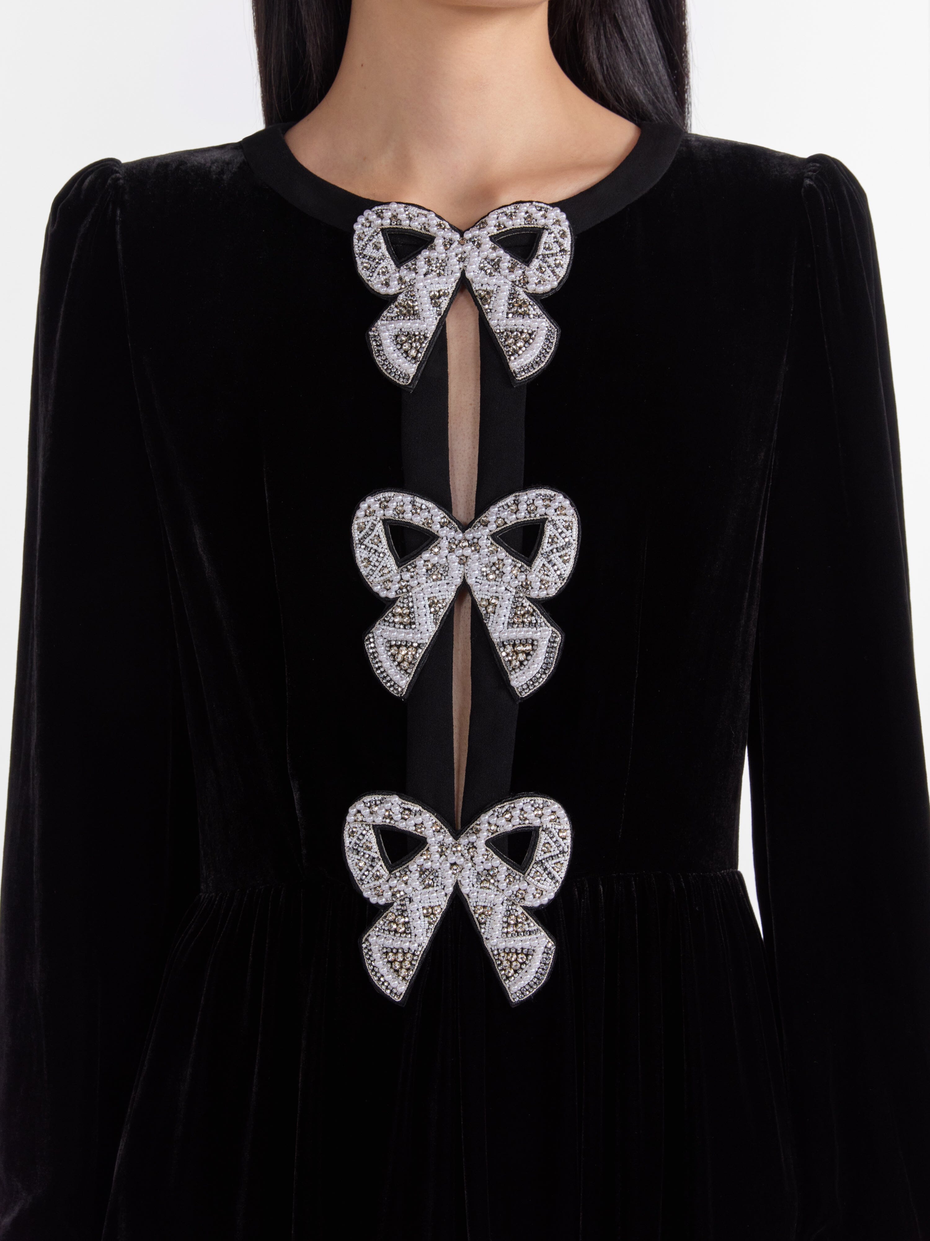 Saloni | Camille Velvet Embellished Bows Long Dress In Black | Black Saloni | Camille Velvet Embellished Bows Long Dress In Black | Black
