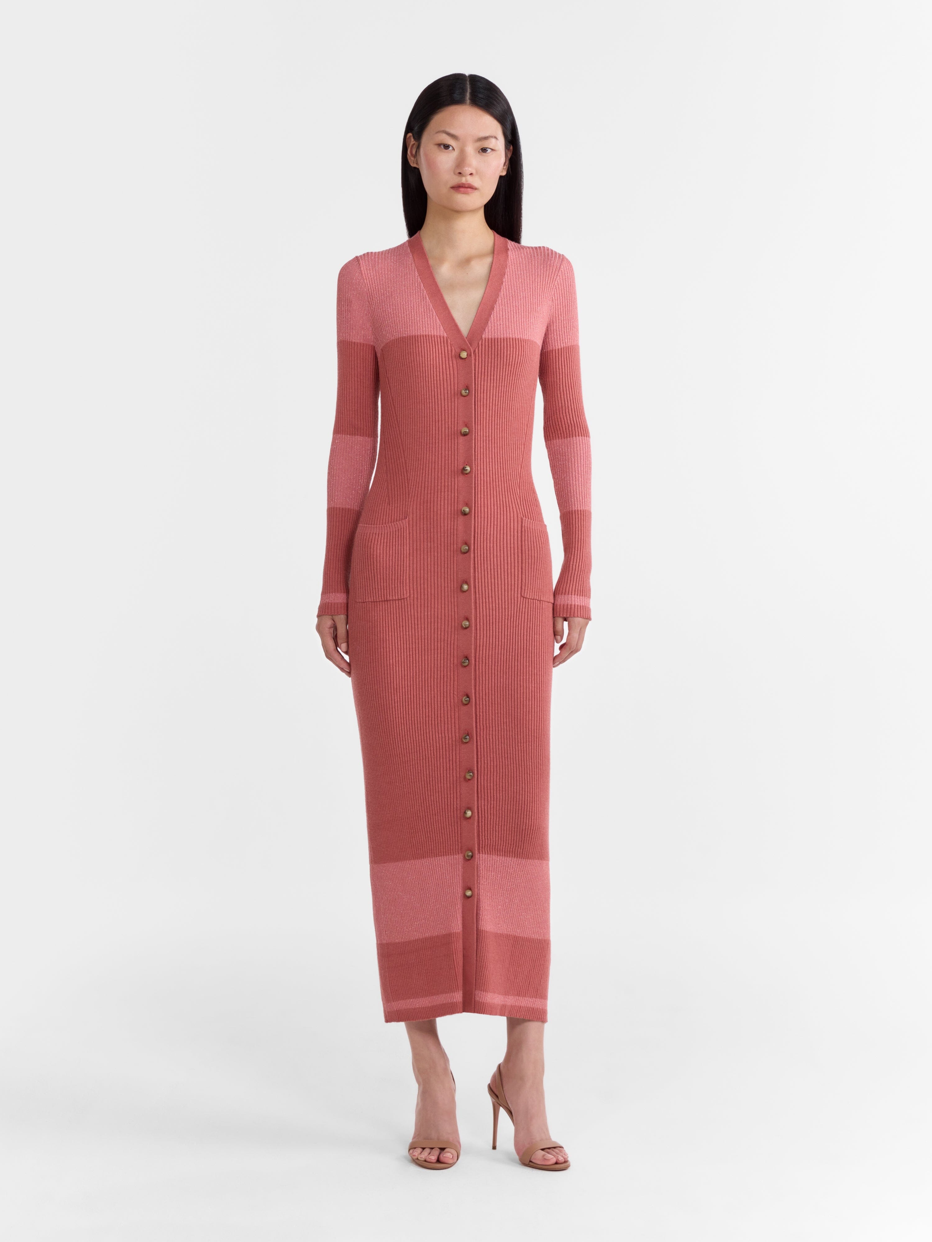 Venyx Long Rib Cardigan Dress in Cinnamon Metallic