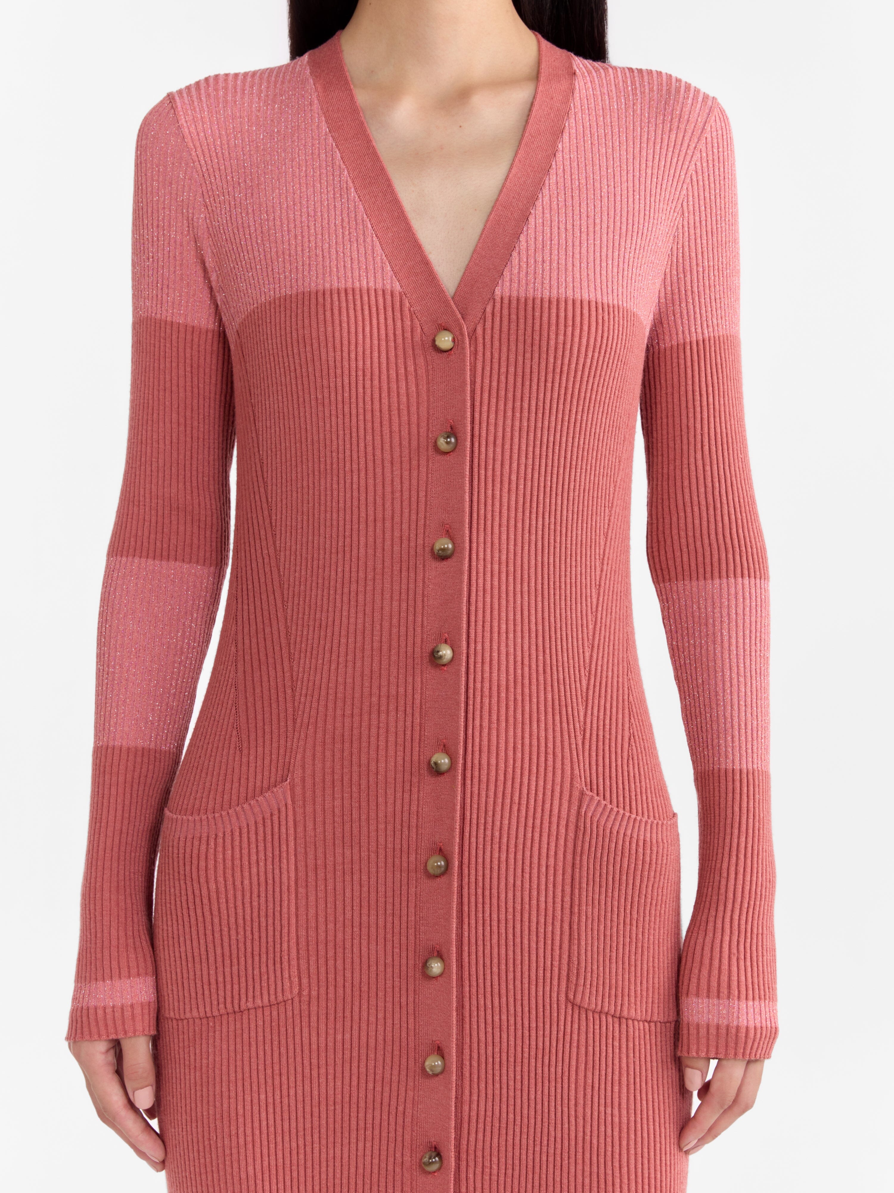 Venyx Long Rib Cardigan Dress in Cinnamon Metallic Venyx Long Rib Cardigan Dress in Cinnamon Metallic