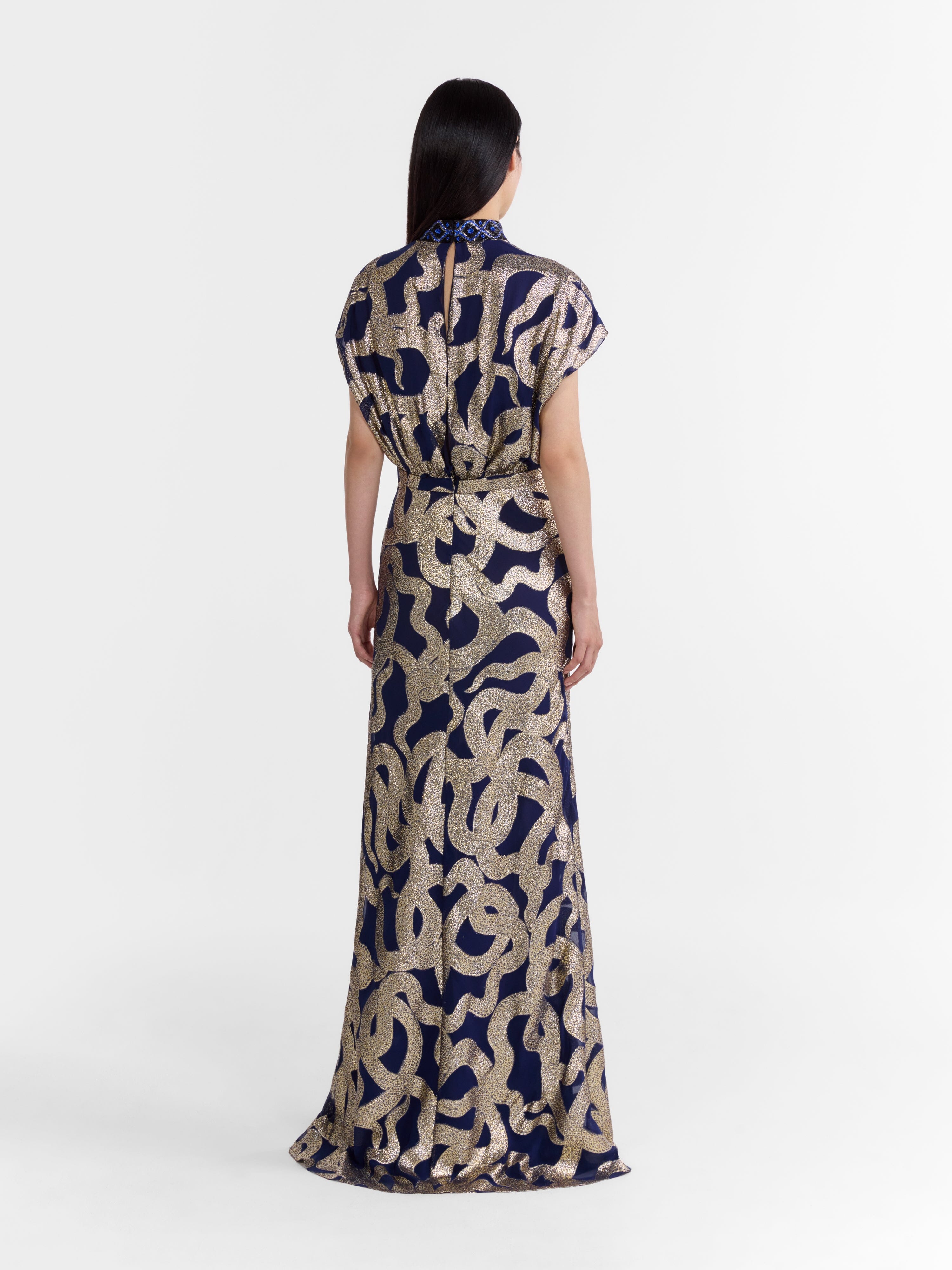 Fabienne Long C Dress in Navy Jet Adder Embroidery