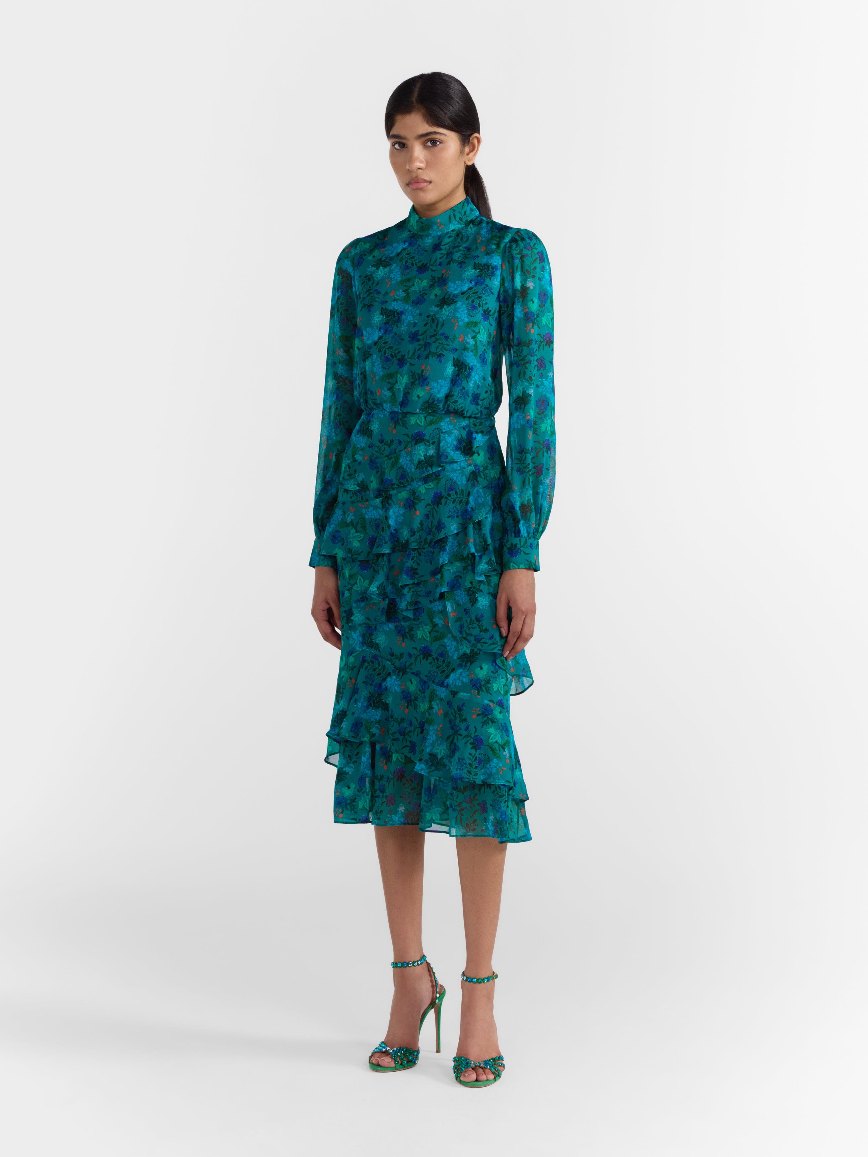 Isa Ruffle Dress in Flori Peacock