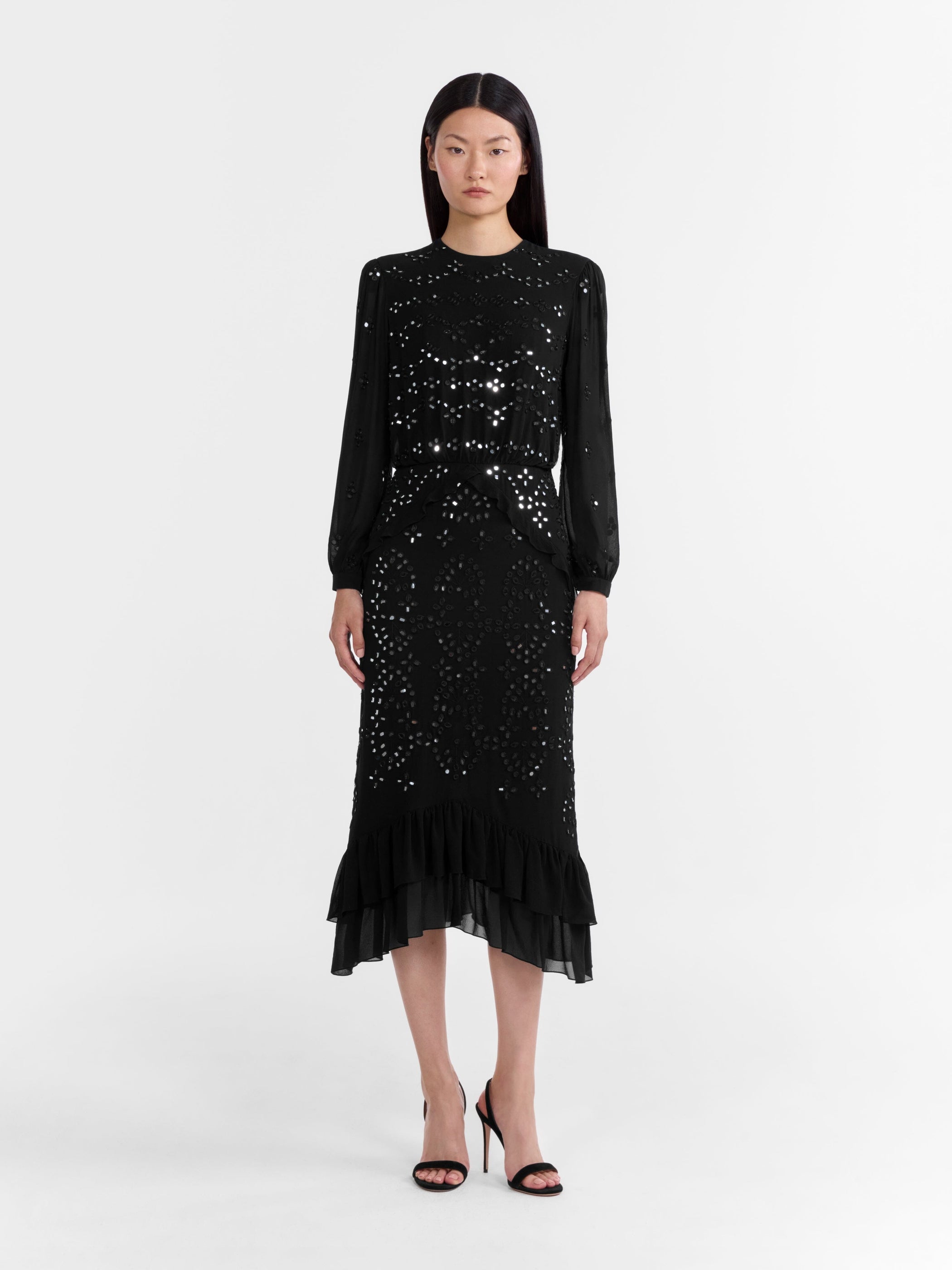 Venyx Isa Silk B Dress in Black Mirror Embroidery