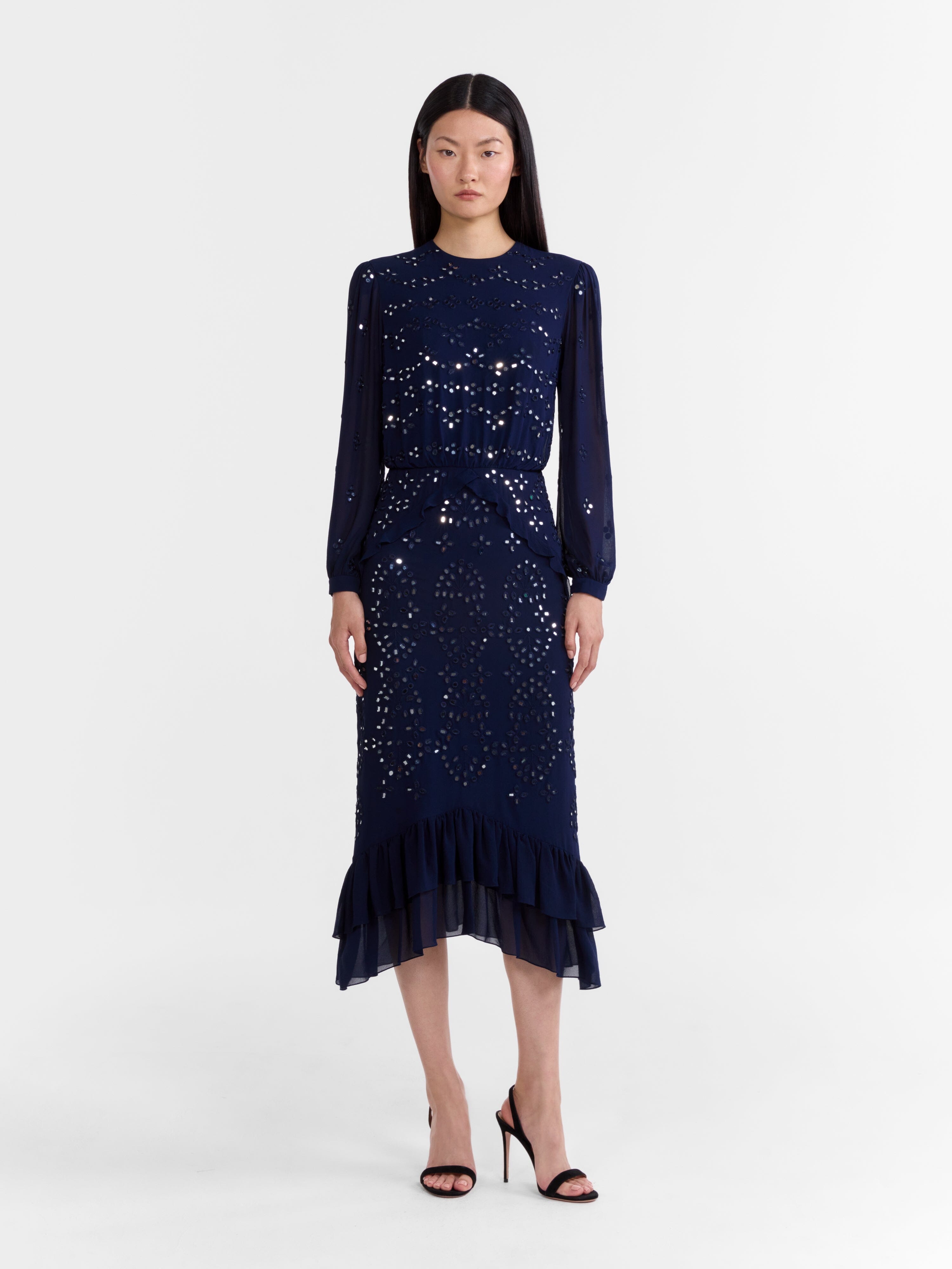 Venyx Isa Silk B Dress in Navy Ornate Mirror Embroidered