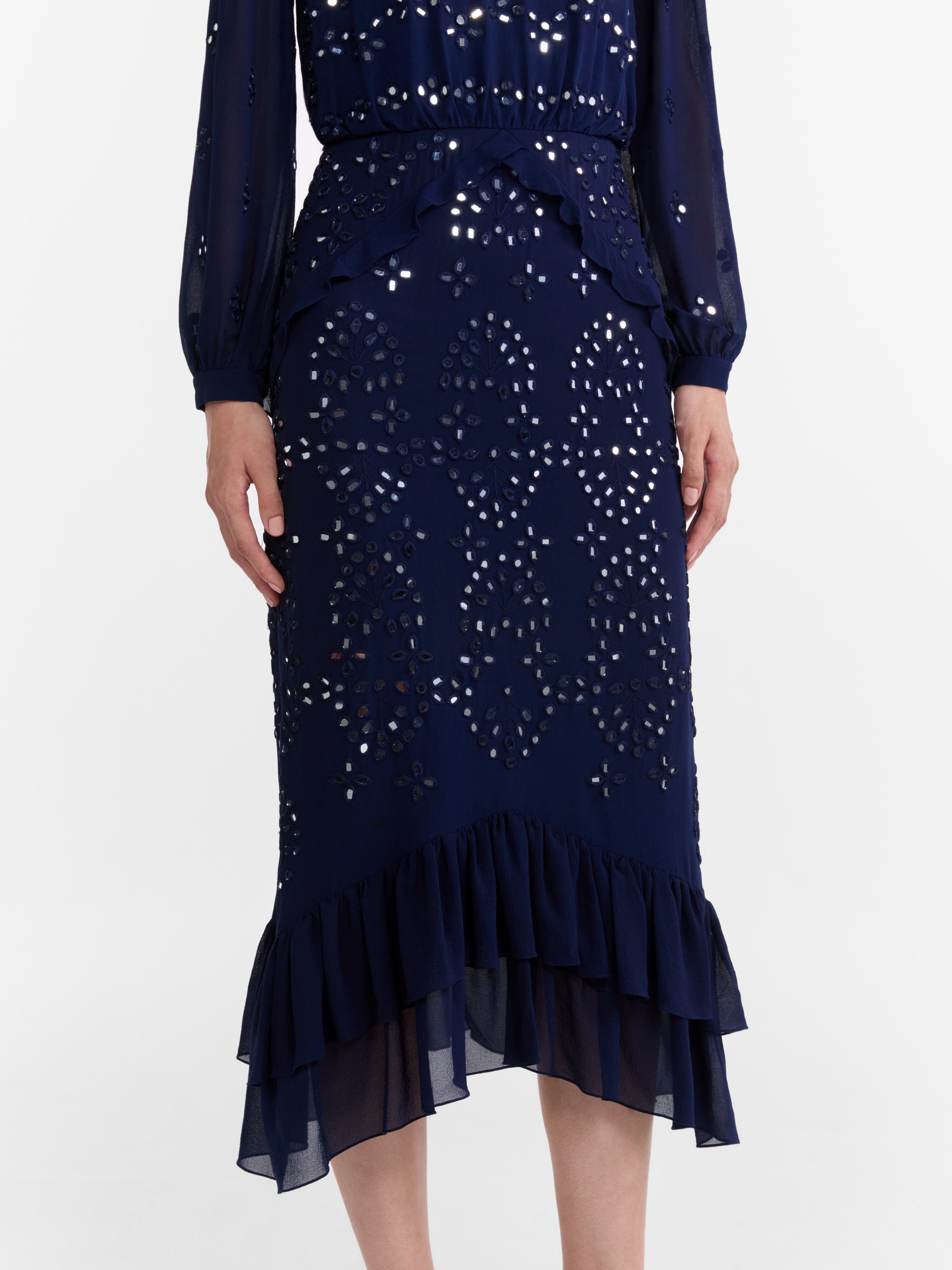 Venyx Isa Silk B Dress in Navy Ornate Mirror Embroidered