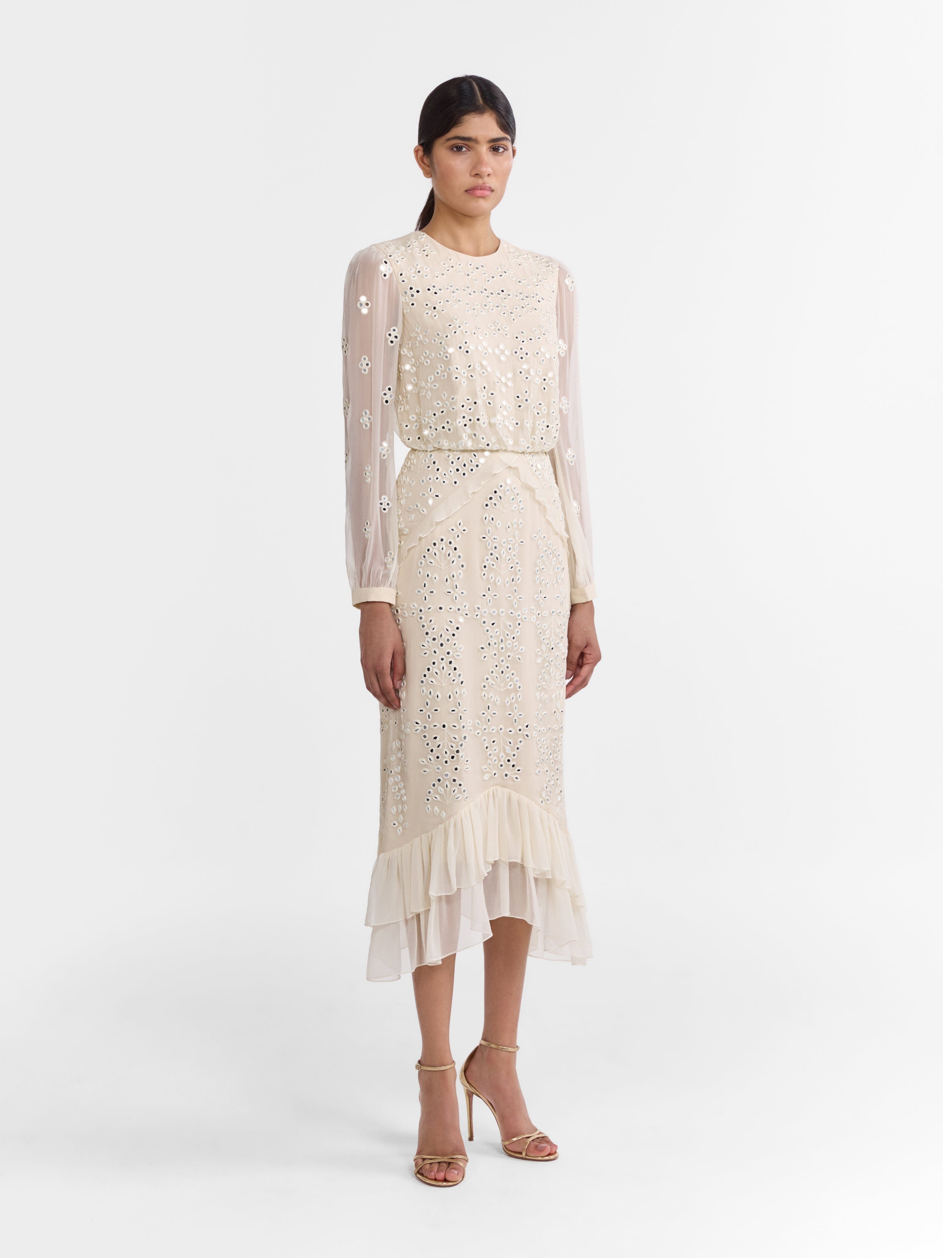 Venyx Isa Silk B Dress in Ivory Mirror Embroidery