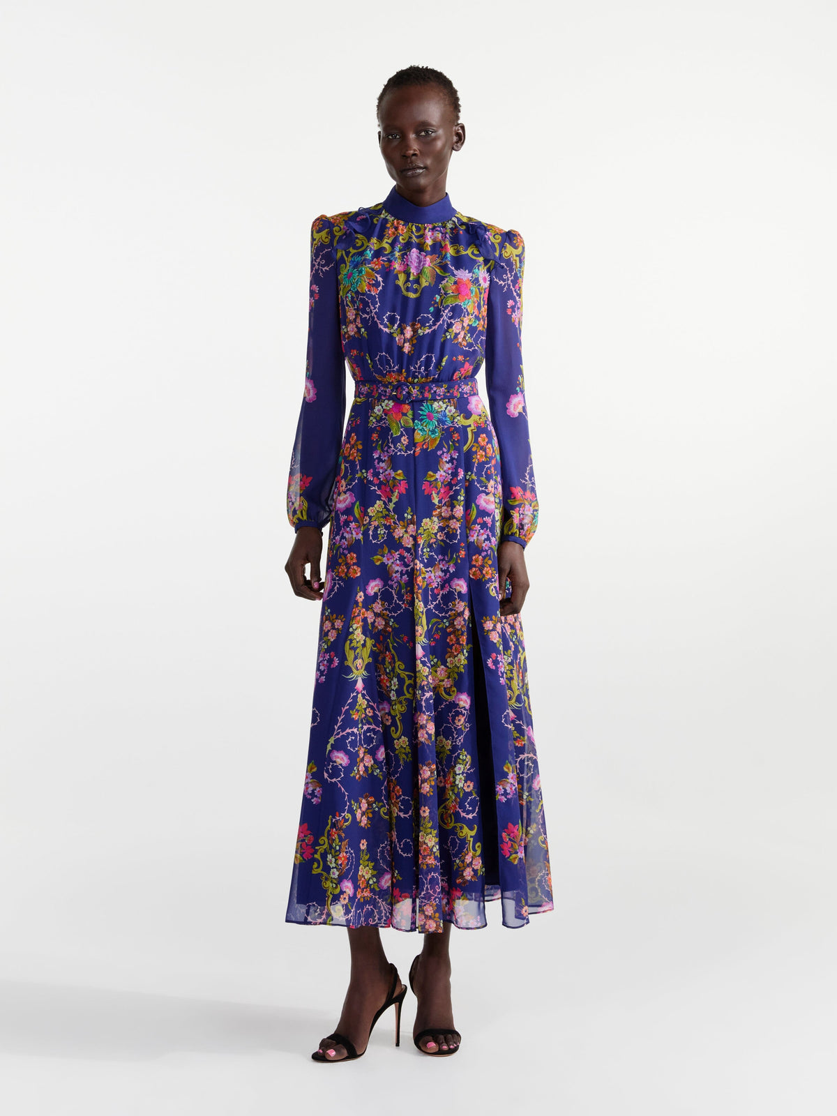 Saloni Dress Izzie M 100% Silk Chiffon Tent Dress $850 Blue Ruffle