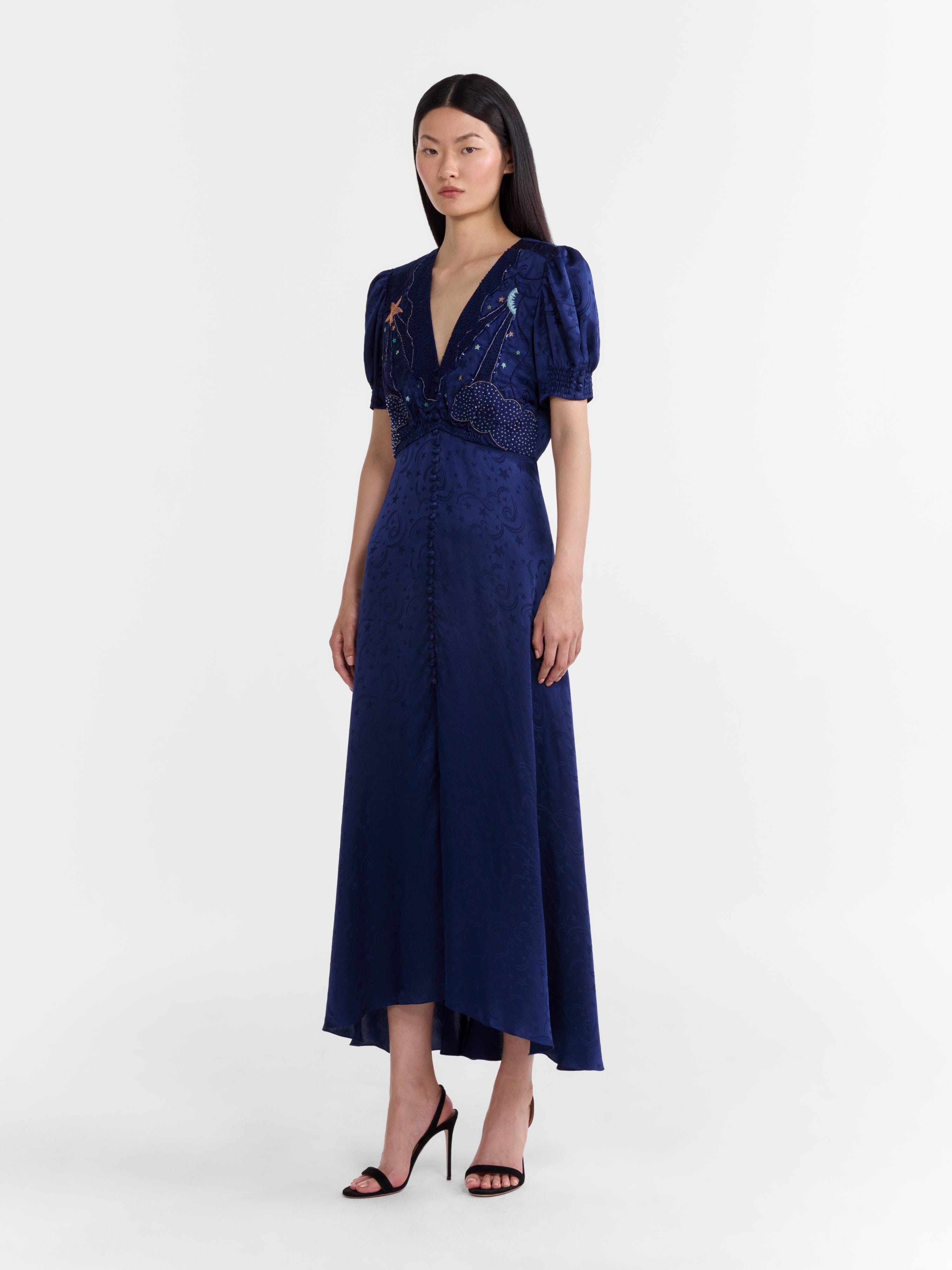 Venyx Lea Long Dress in Navy Astro Embroidered