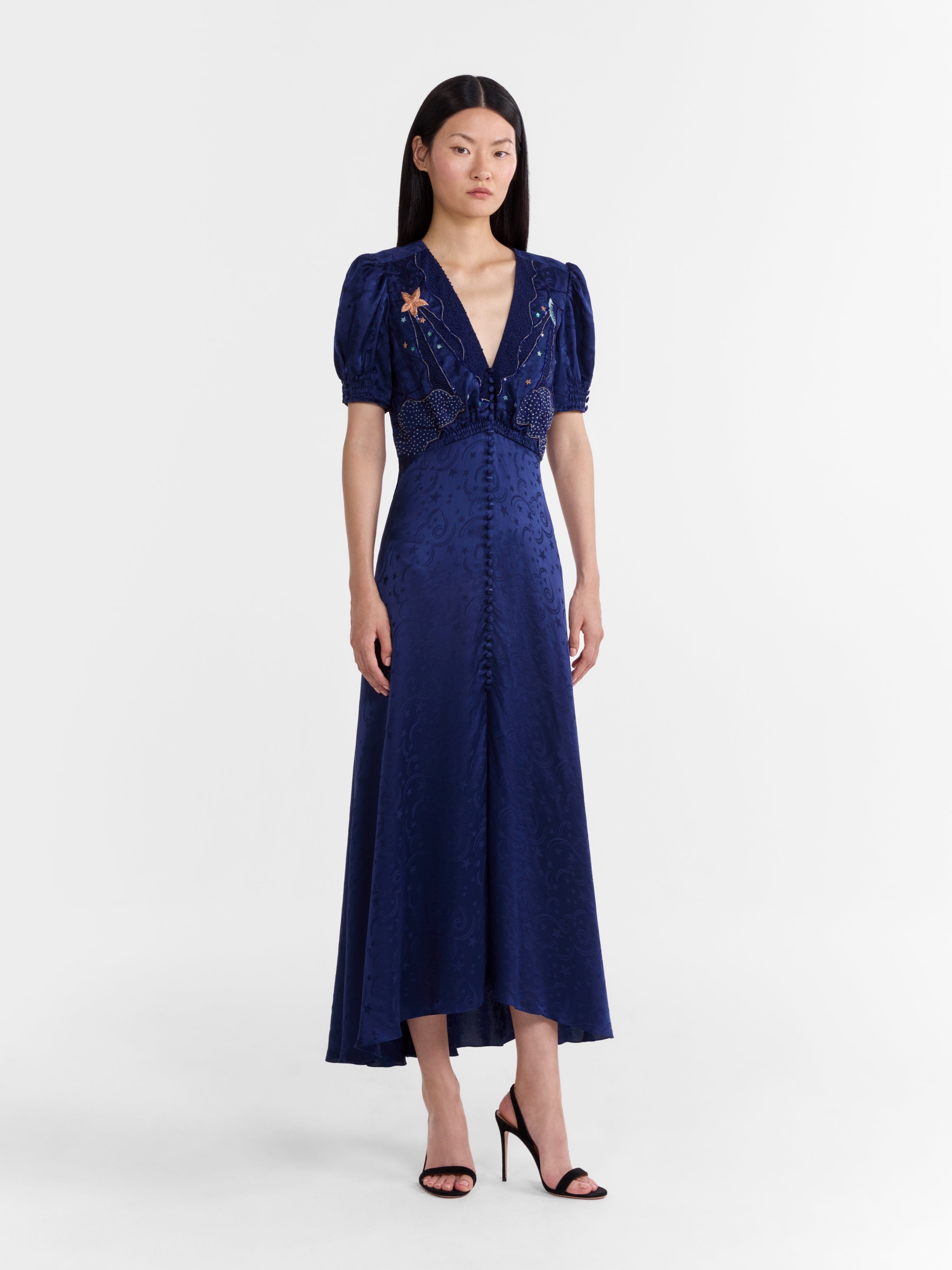 Venyx Lea Long Dress in Navy Astro Embroidered