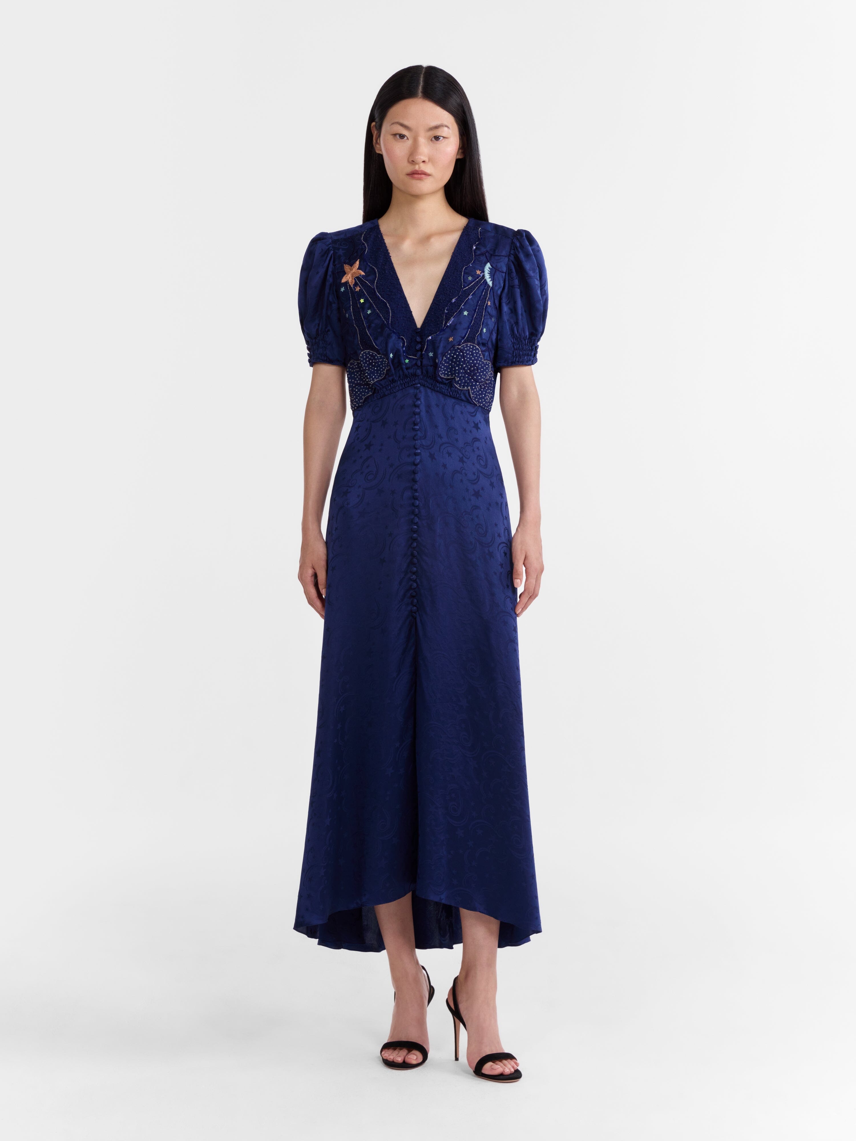 Venyx Lea Long Dress in Navy Astro Embroidered