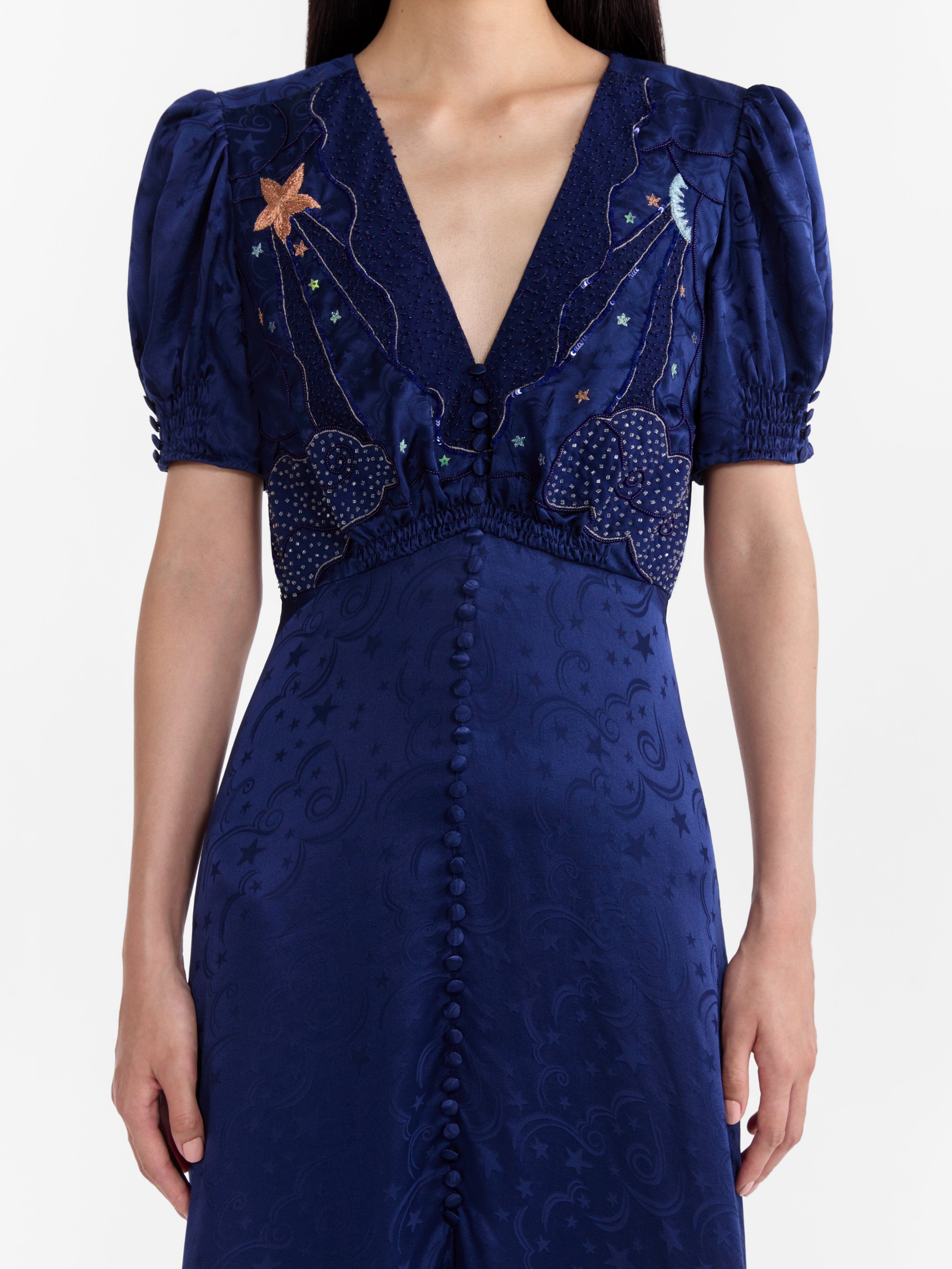 SALONI ブルーロングドレス Venyx Lea Long Dress in Navy Astro Embroidered – SALONI