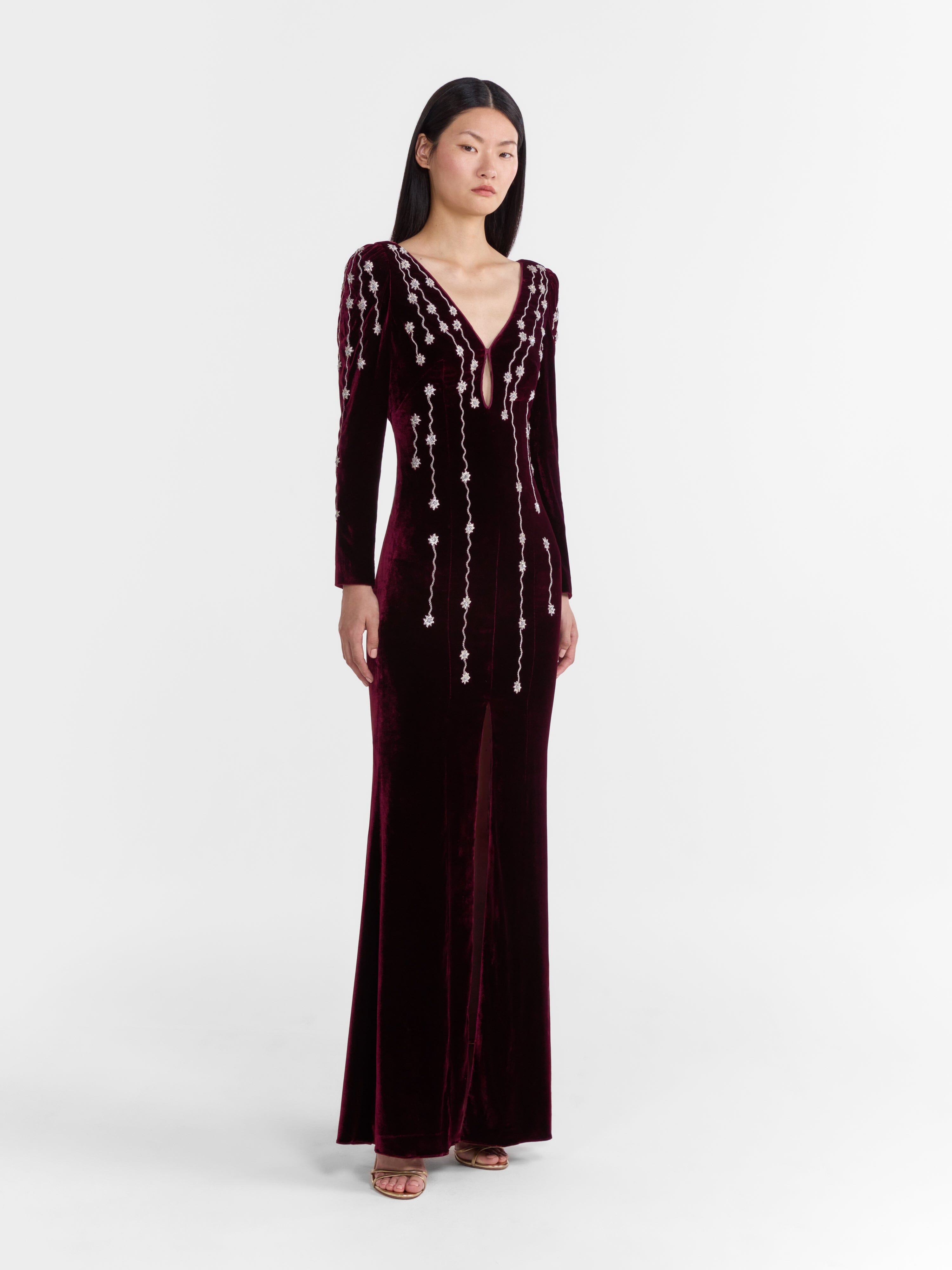 Joni Long Dress in Burgundy Starfall Embroidery