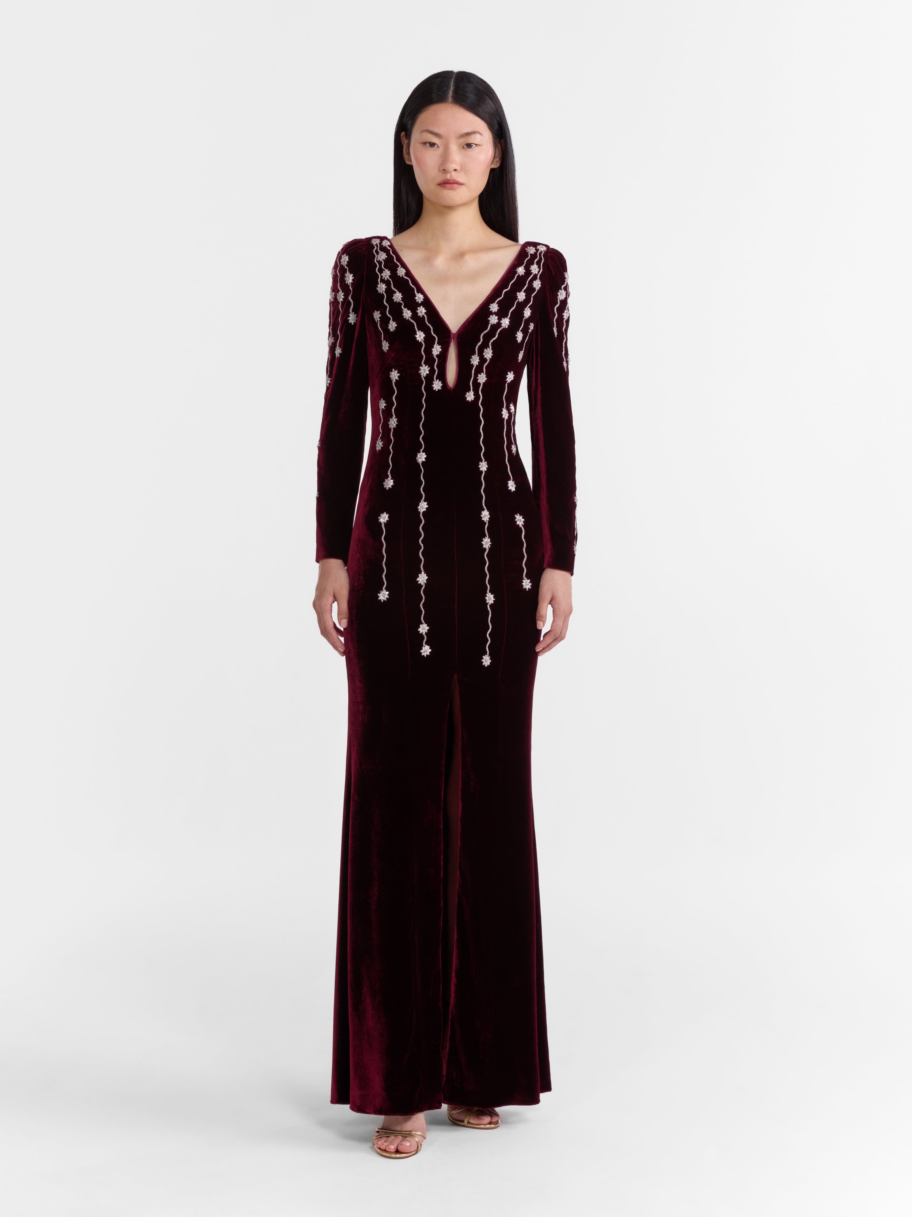 Joni Long Dress in Burgundy Starfall Embroidery